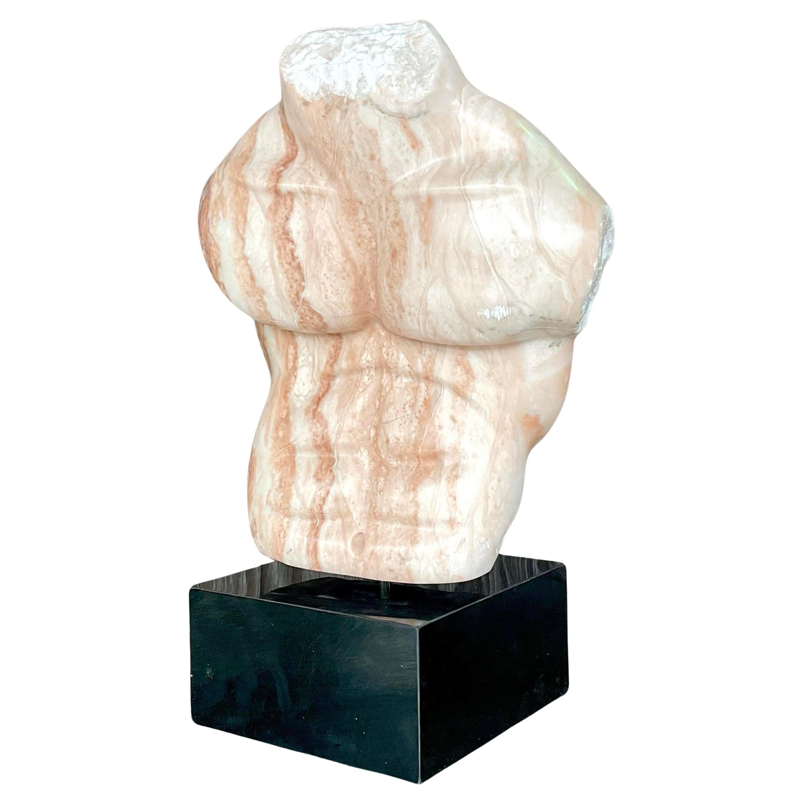 Vintage Boho Hand Carved Marble Sculpture of Torso For Sale