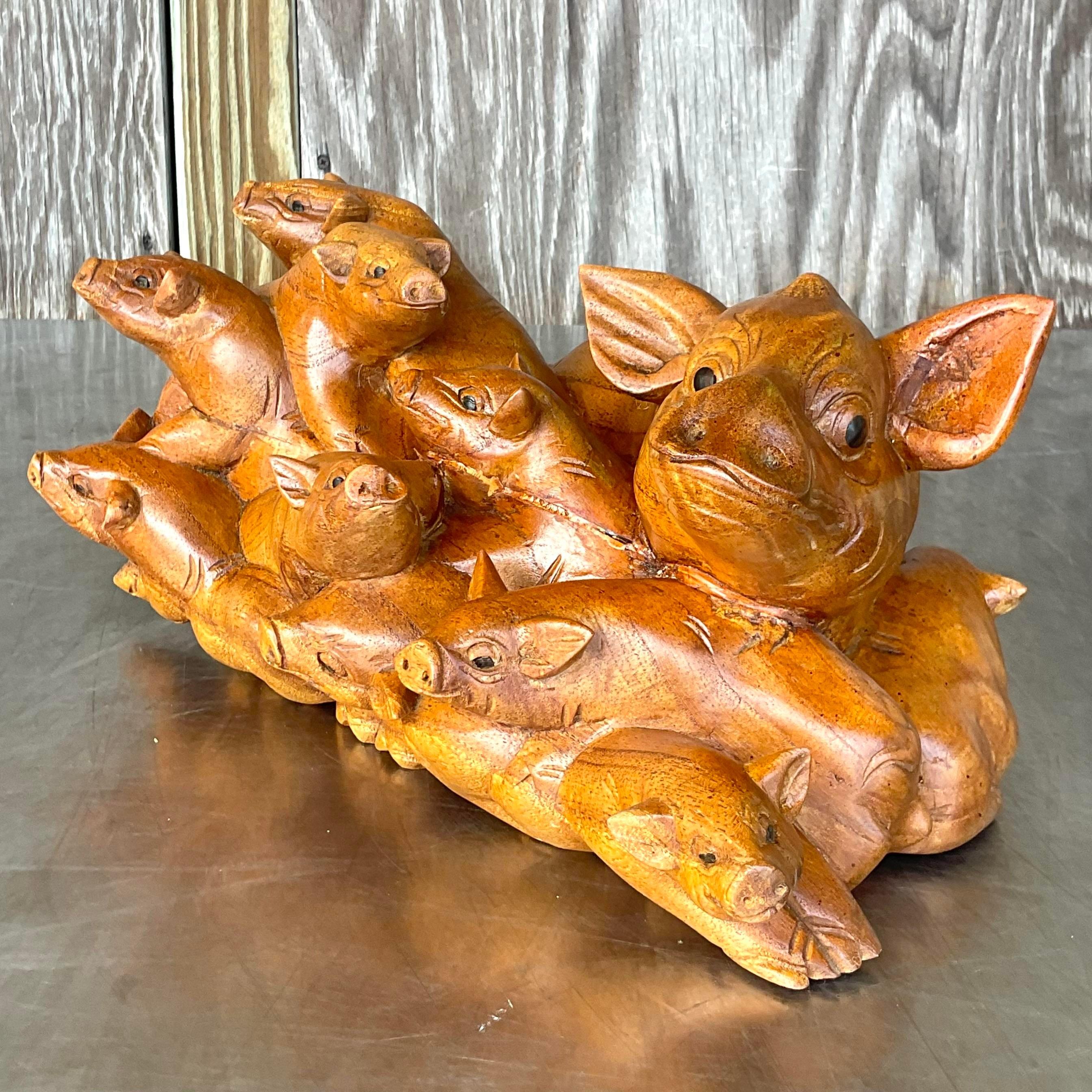 Bohemian Vintage Boho Hand Carved Pig Family For Sale