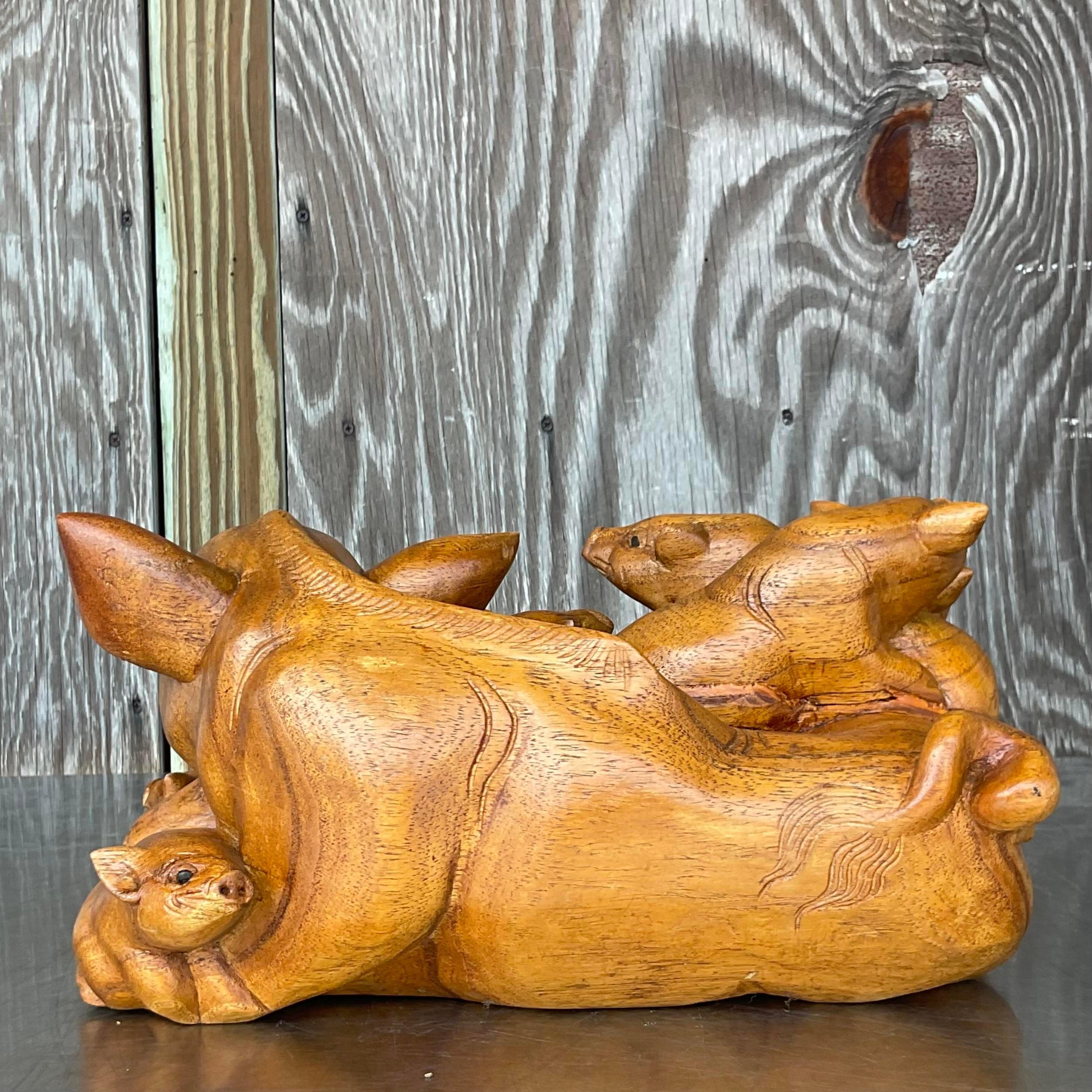 Vintage Boho Hand Carved Pig Family In Good Condition For Sale In west palm beach, FL