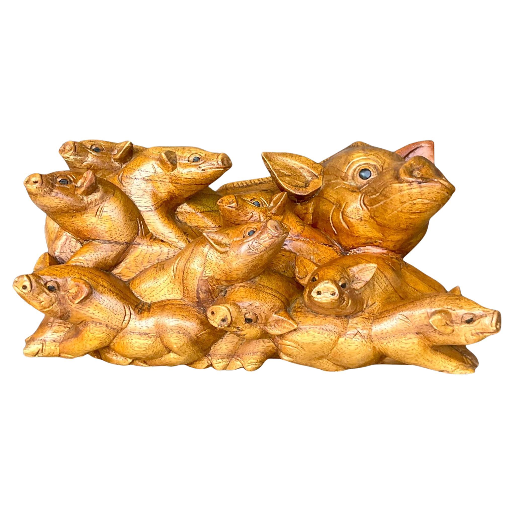 Vintage Boho Hand Carved Pig Family