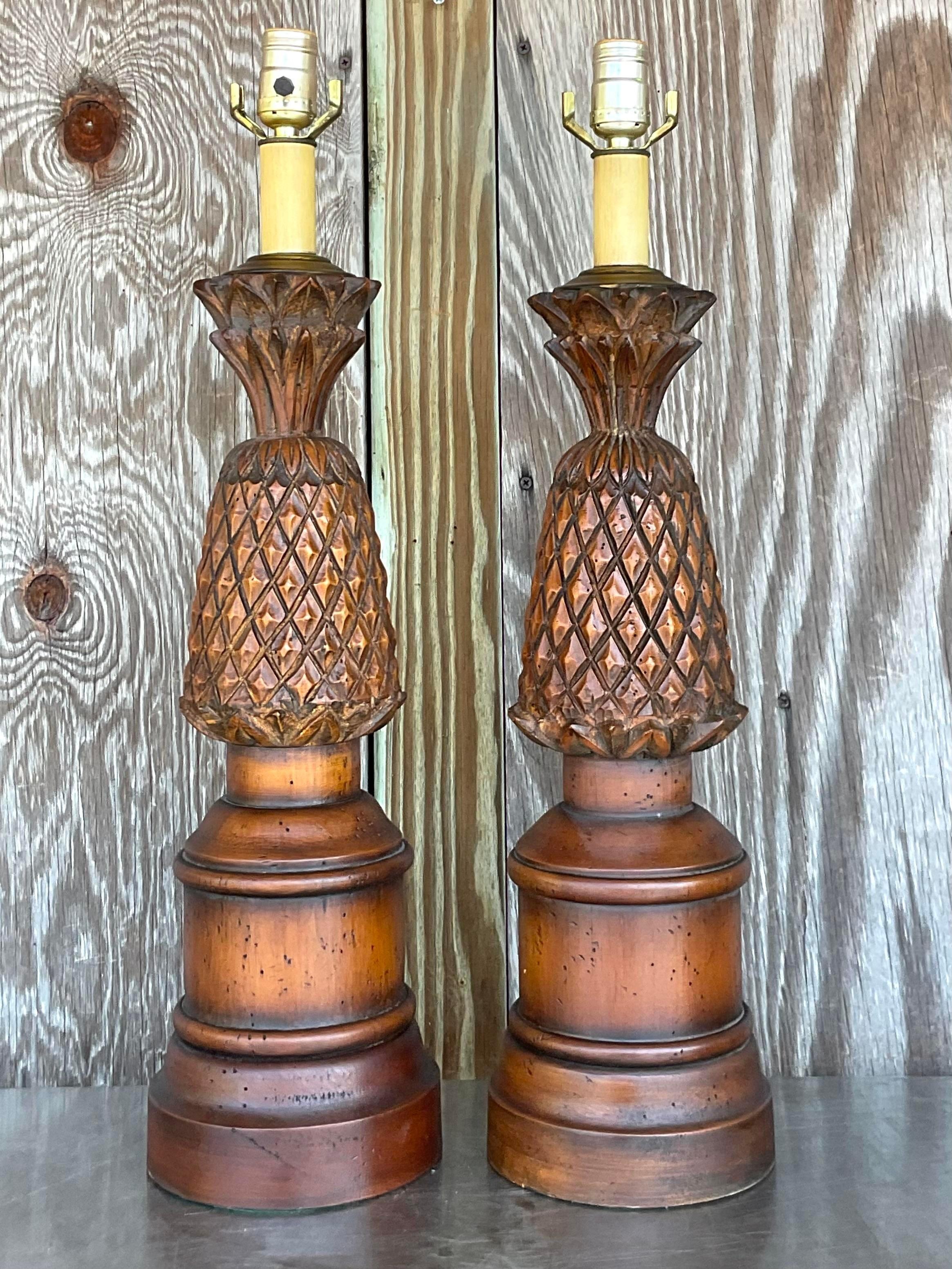 Vintage Boho Hand Carved Pineapple Lamps - a Pair For Sale 4