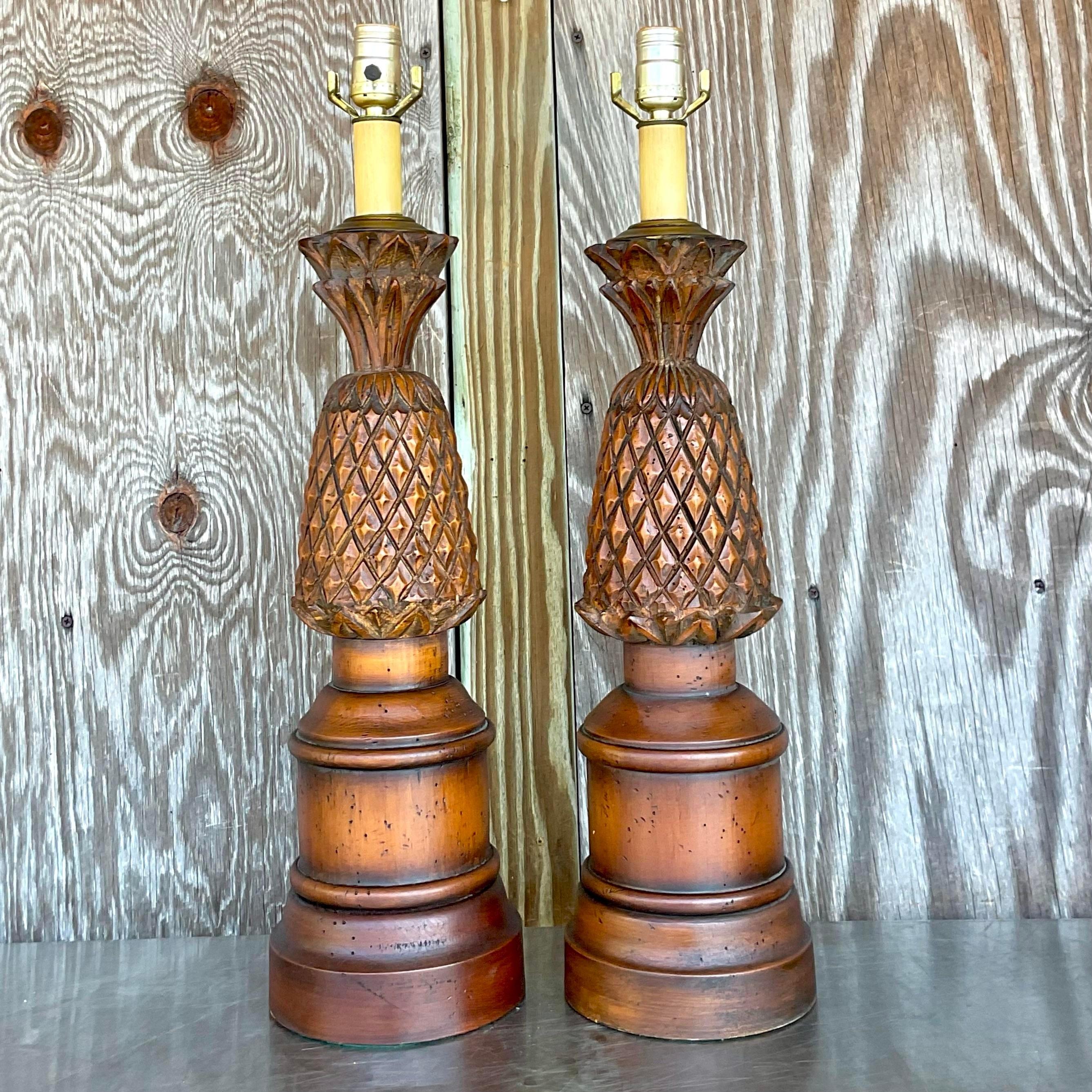 American Vintage Boho Hand Carved Pineapple Lamps - a Pair For Sale