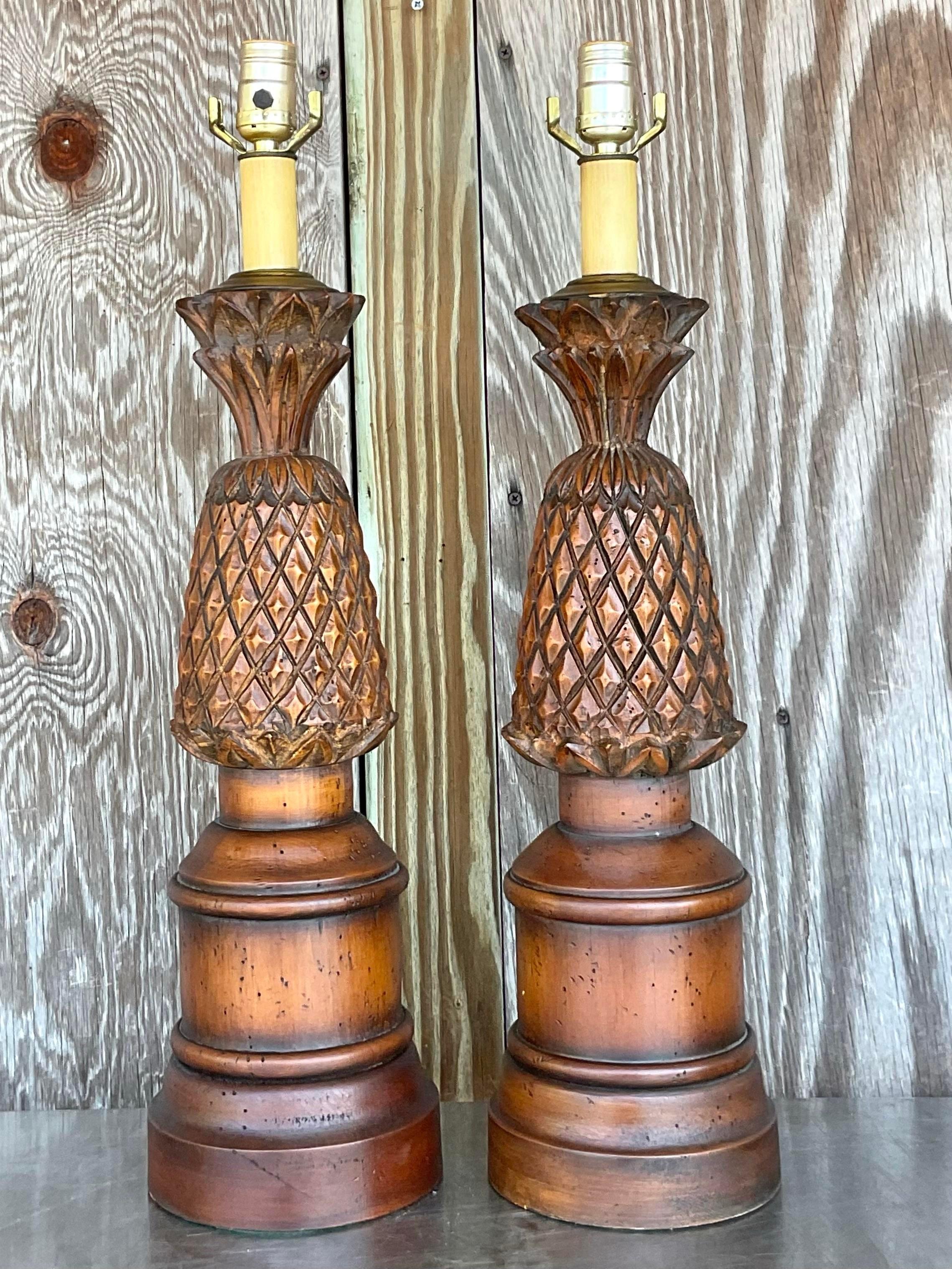 Vintage Boho Hand Carved Pineapple Lamps - a Pair In Good Condition For Sale In west palm beach, FL