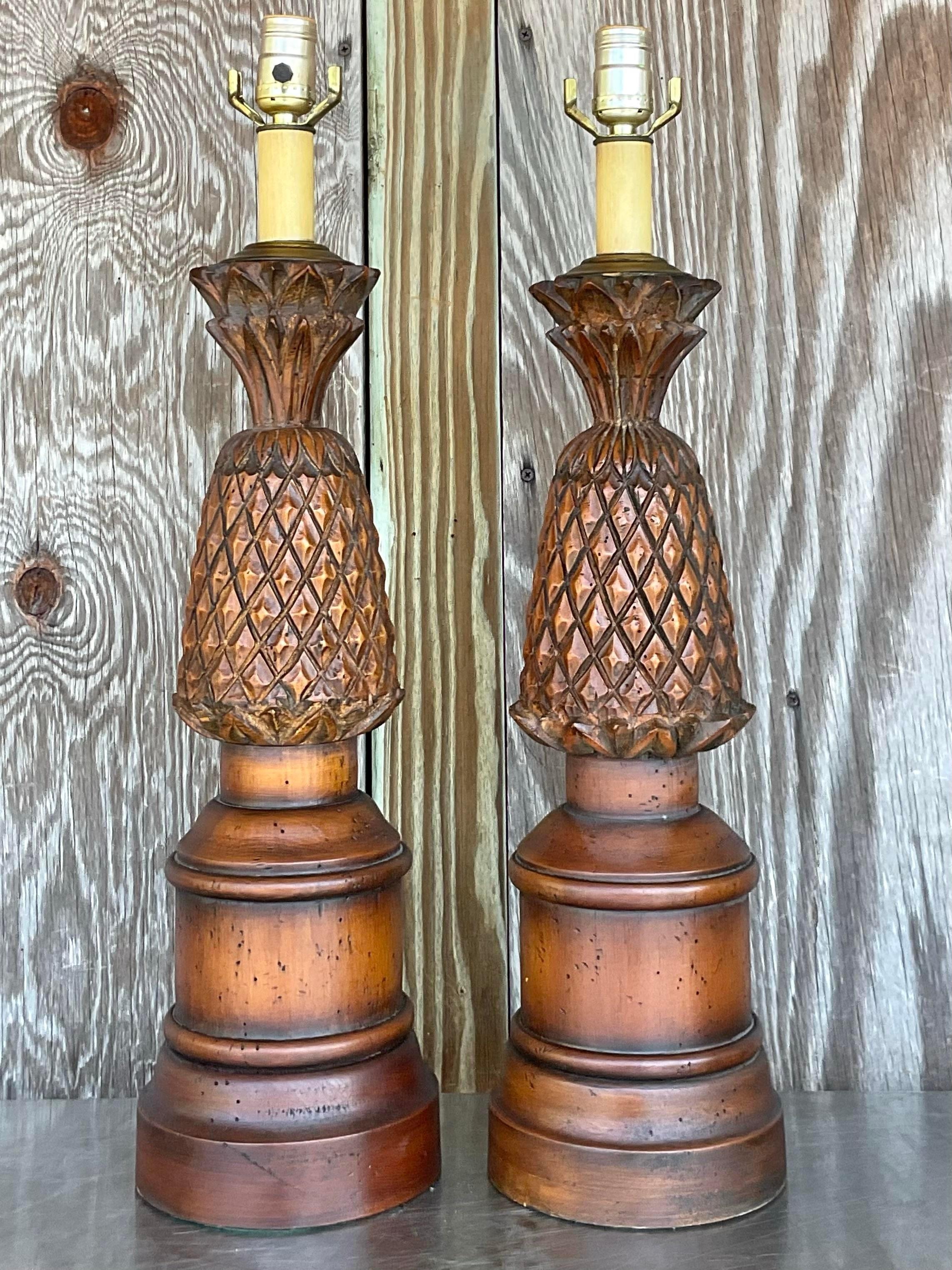 20th Century Vintage Boho Hand Carved Pineapple Lamps - a Pair For Sale