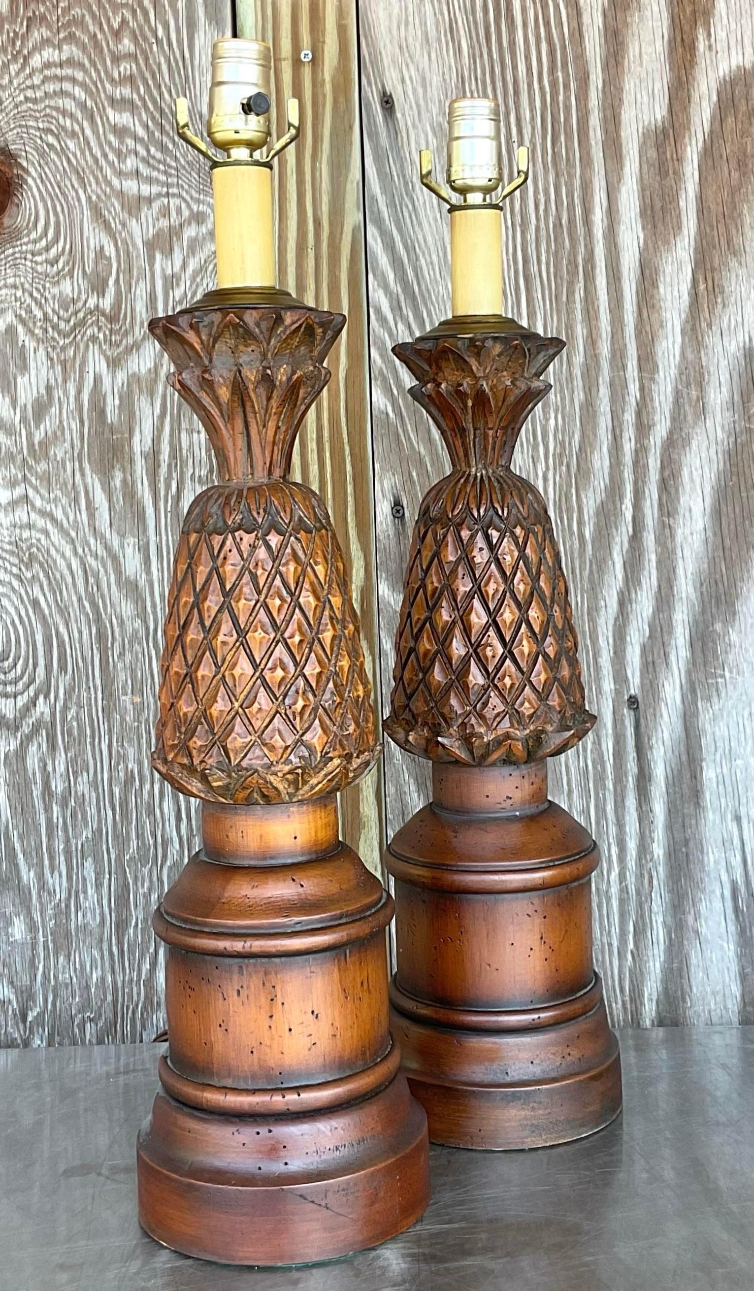 Vintage Boho Hand Carved Pineapple Lamps - a Pair For Sale 2