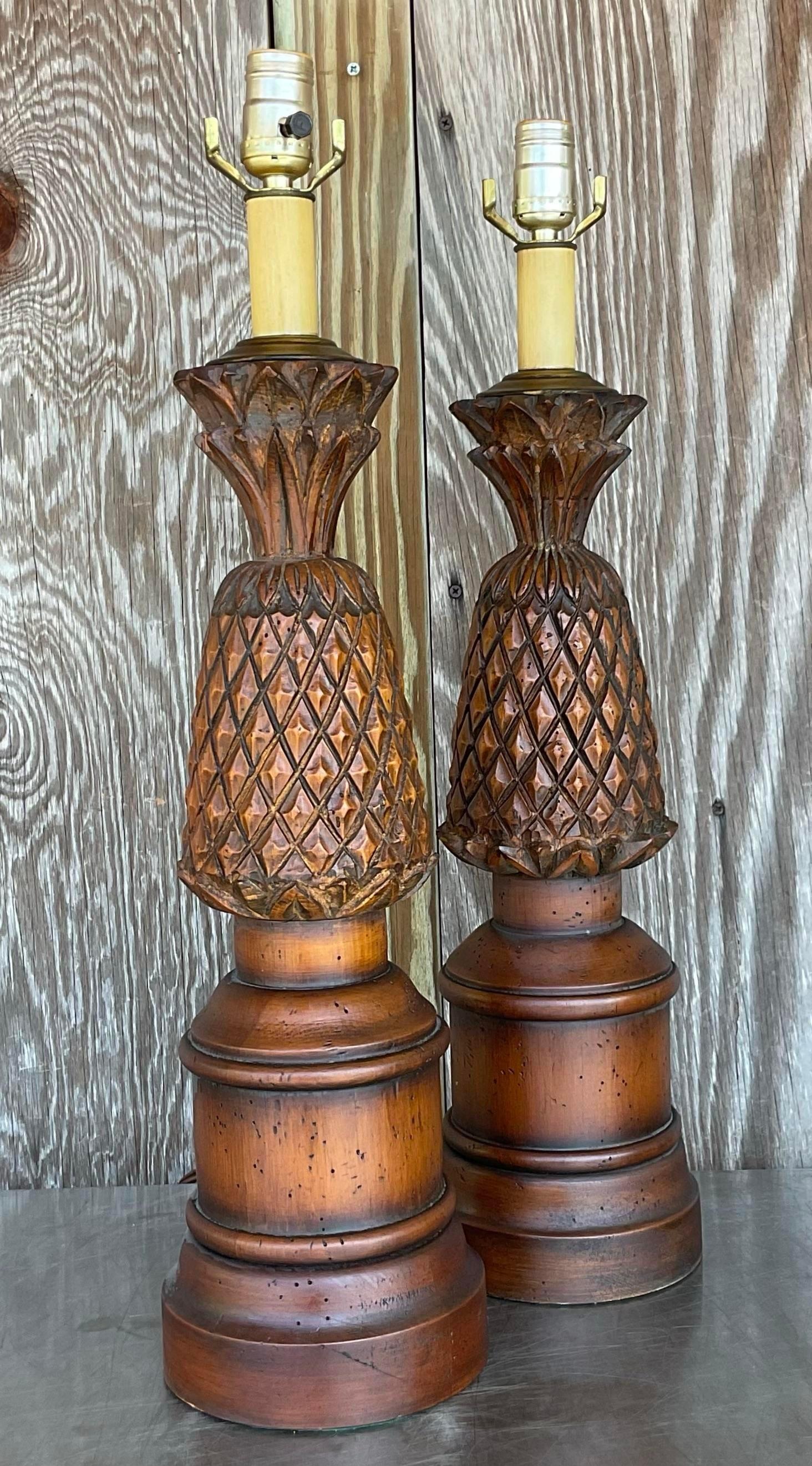 Vintage Boho Hand Carved Pineapple Lamps - a Pair For Sale 3