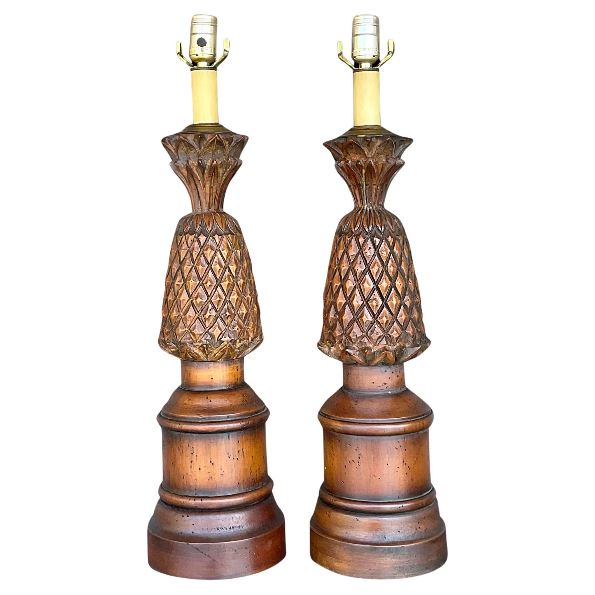 Vintage Boho Hand Carved Pineapple Lamps - a Pair For Sale