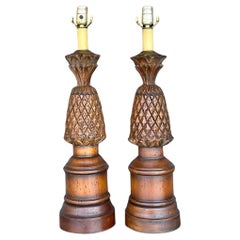 Vintage Boho Hand Carved Pineapple Lamps - a Pair