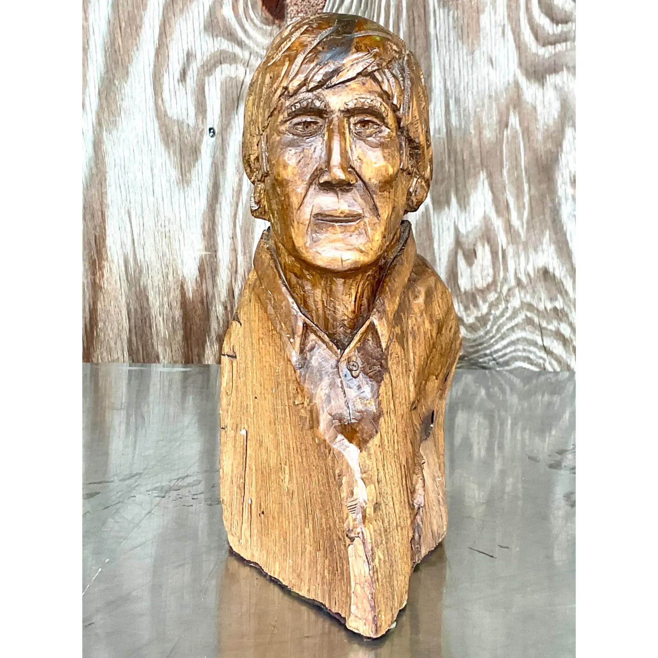 Bohemian Vintage Boho Hand Carved Sculpture of Man For Sale