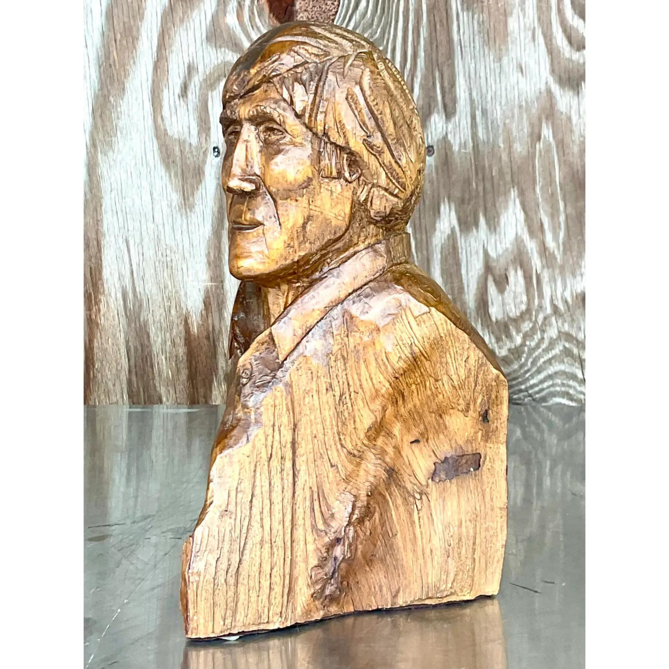 Vintage Boho Hand Carved Sculpture of Man In Good Condition For Sale In west palm beach, FL