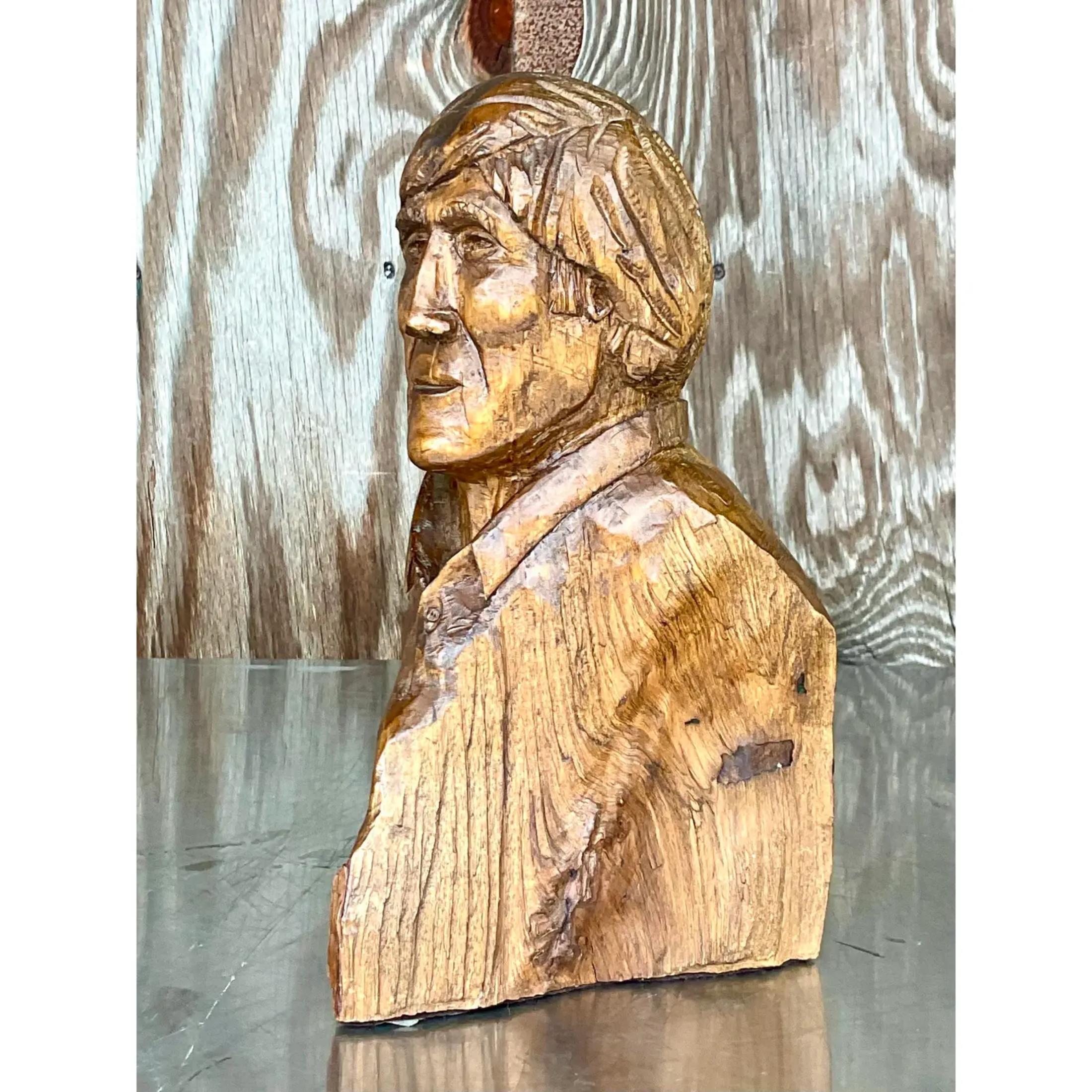 Wood Vintage Boho Hand Carved Sculpture of Man For Sale