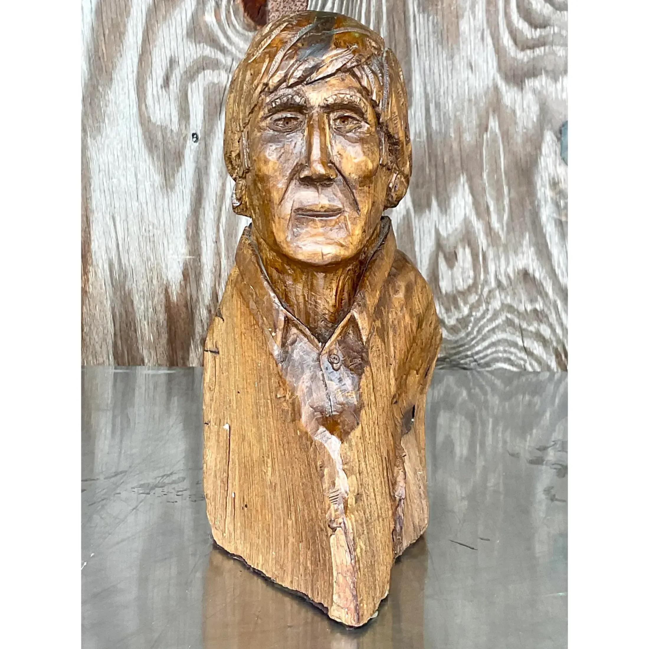 Vintage Boho Hand Carved Sculpture of Man For Sale 1