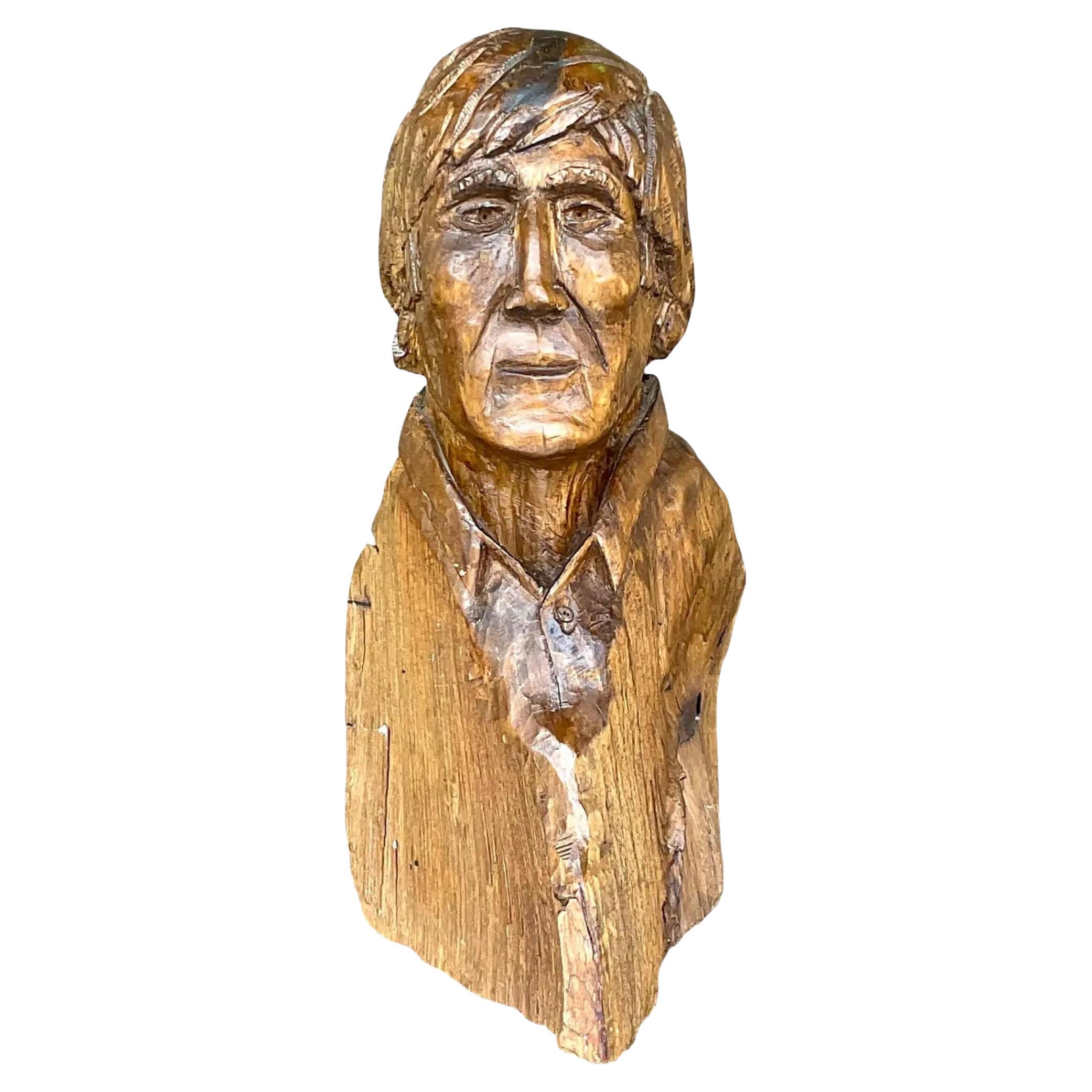 Vintage Boho Hand Carved Sculpture of Man