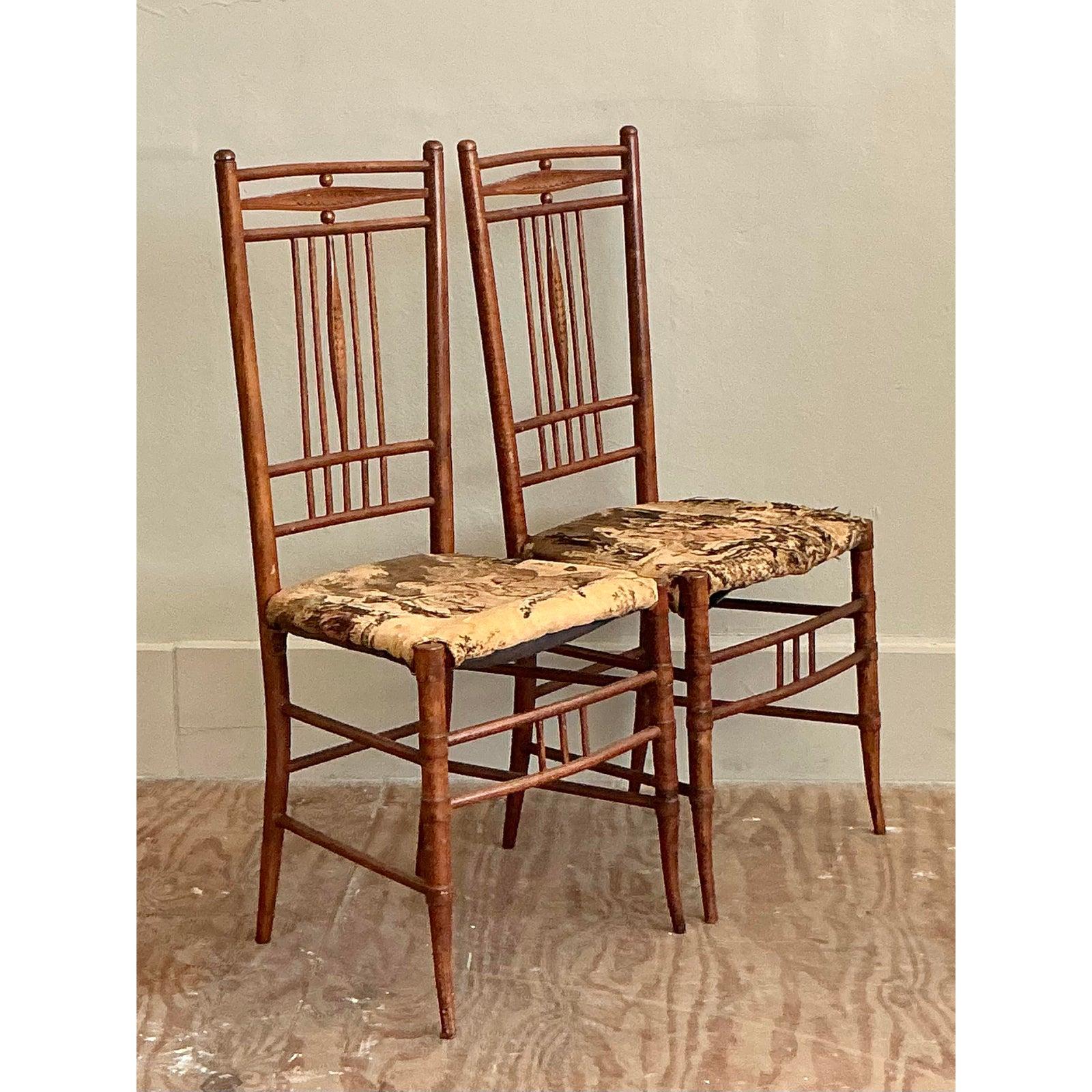 Vintage Boho Hand Carved Side Chairs - A Pair In Good Condition For Sale In West Palm Beach, FL