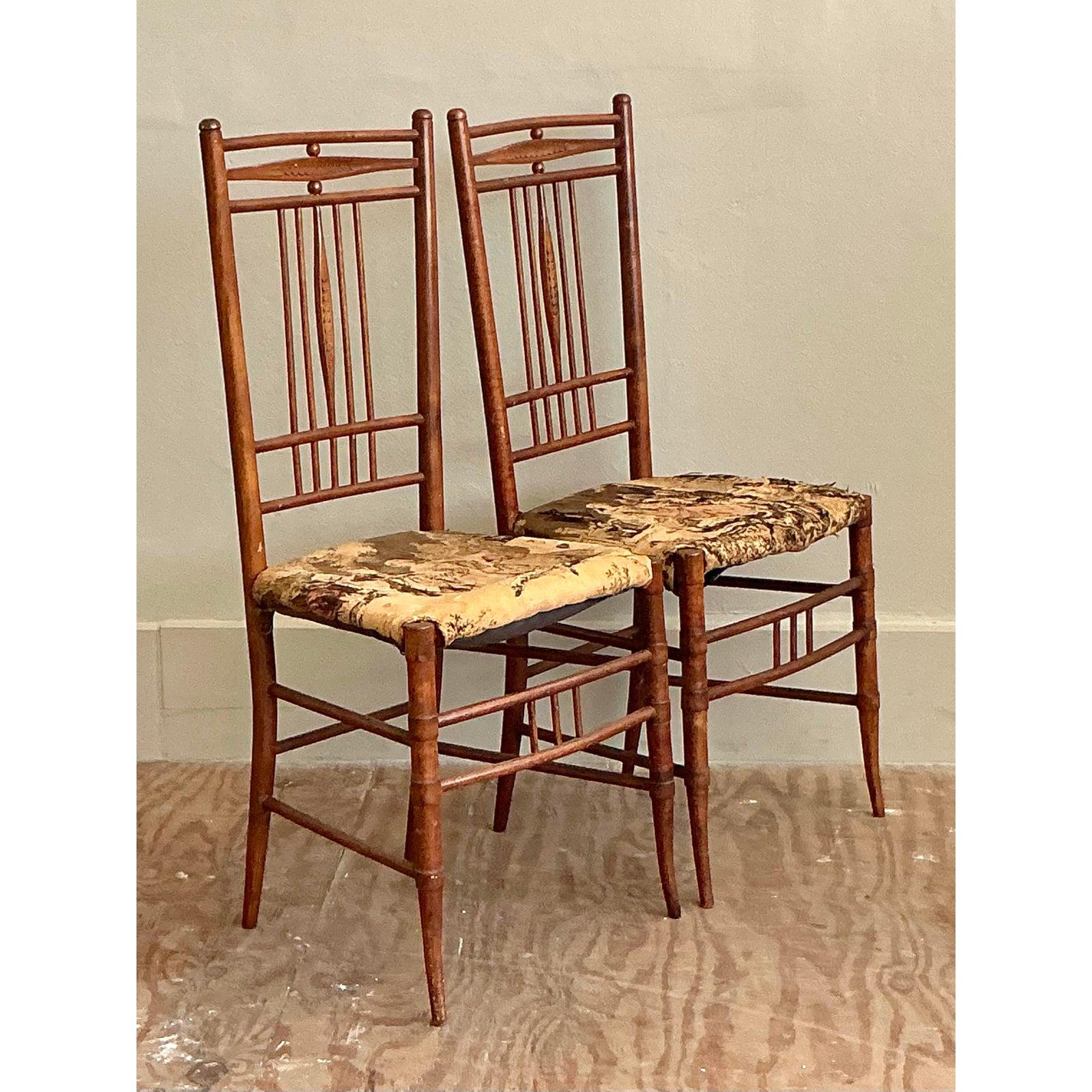 20th Century Vintage Boho Hand Carved Side Chairs - A Pair For Sale