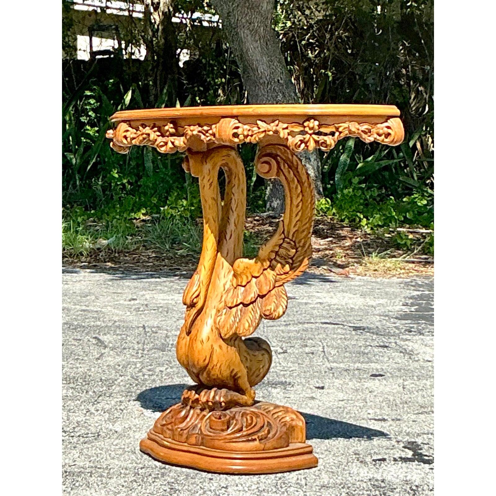 Vintage Boho Hand Carved Swan Demilune Table For Sale 3