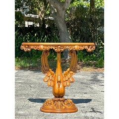 Vintage Boho Hand Carved Swan Demilune Table