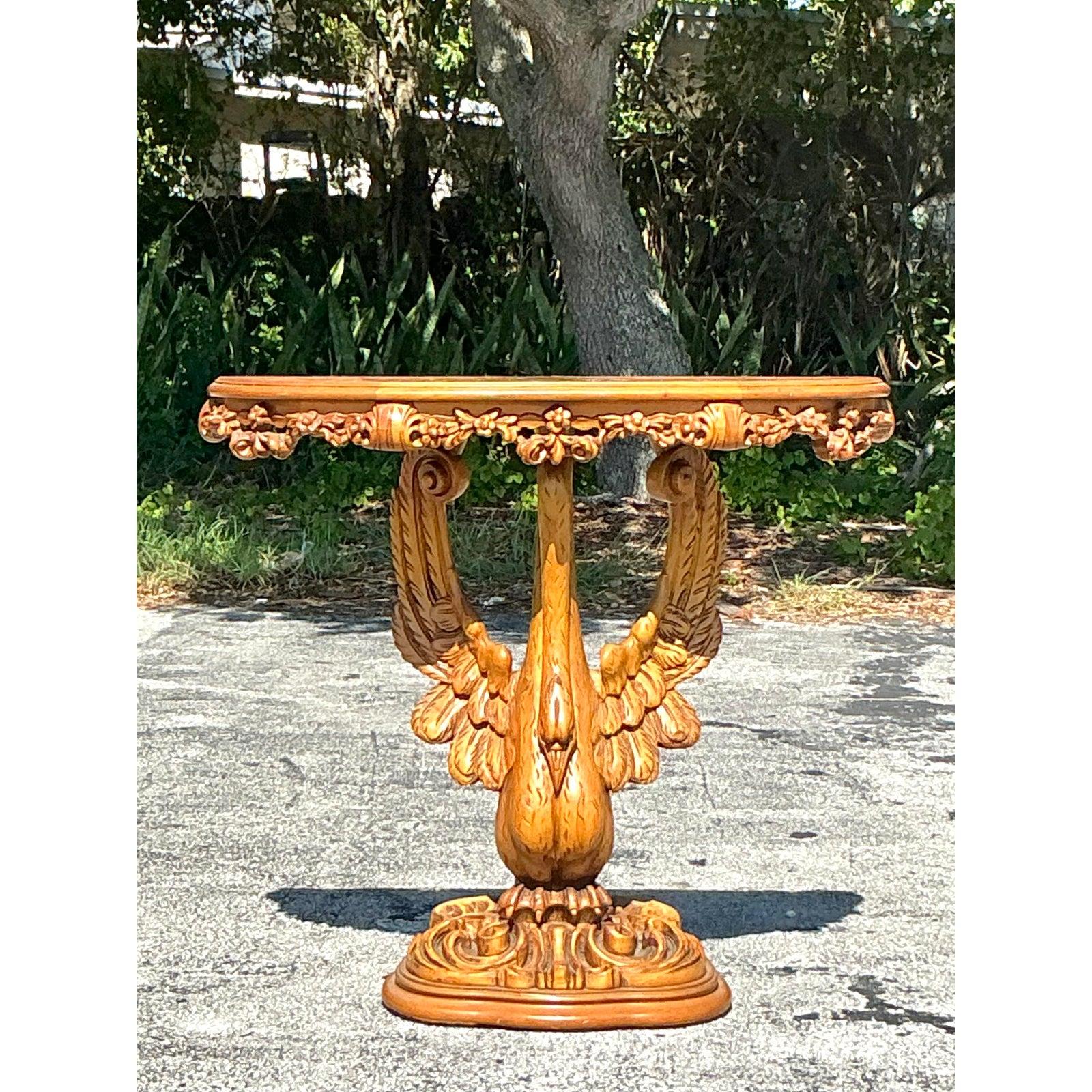Hollywood Regency Vintage Boho Hand Carved Swan Demilune Table For Sale