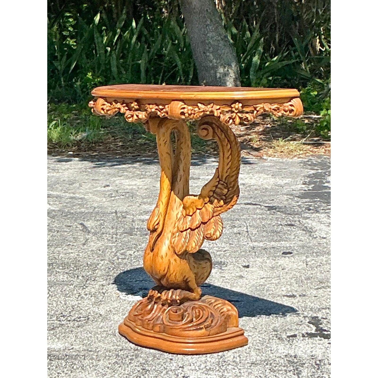 American Vintage Boho Hand Carved Swan Demilune Table For Sale