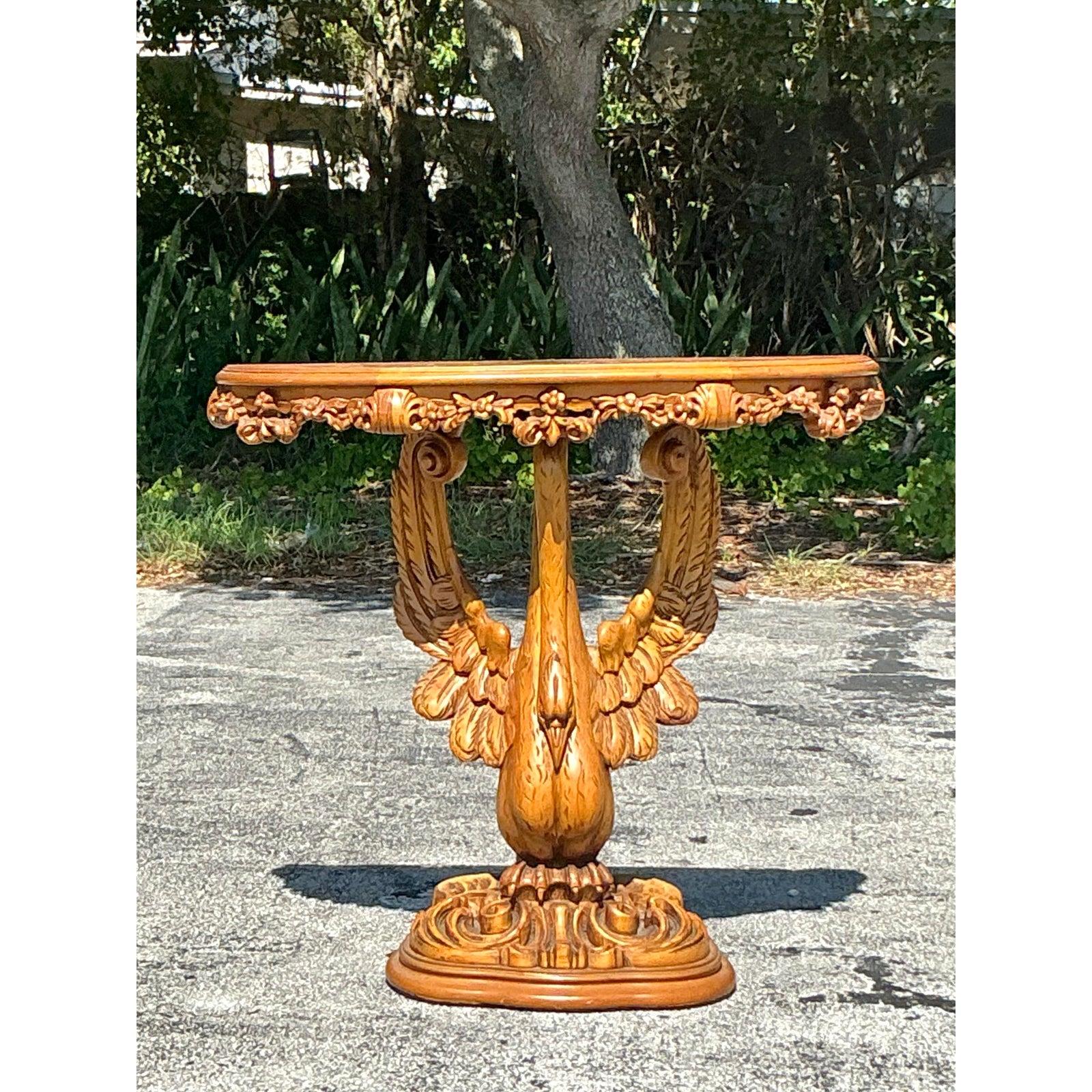 Vintage Boho Hand Carved Swan Demilune Table In Good Condition For Sale In west palm beach, FL