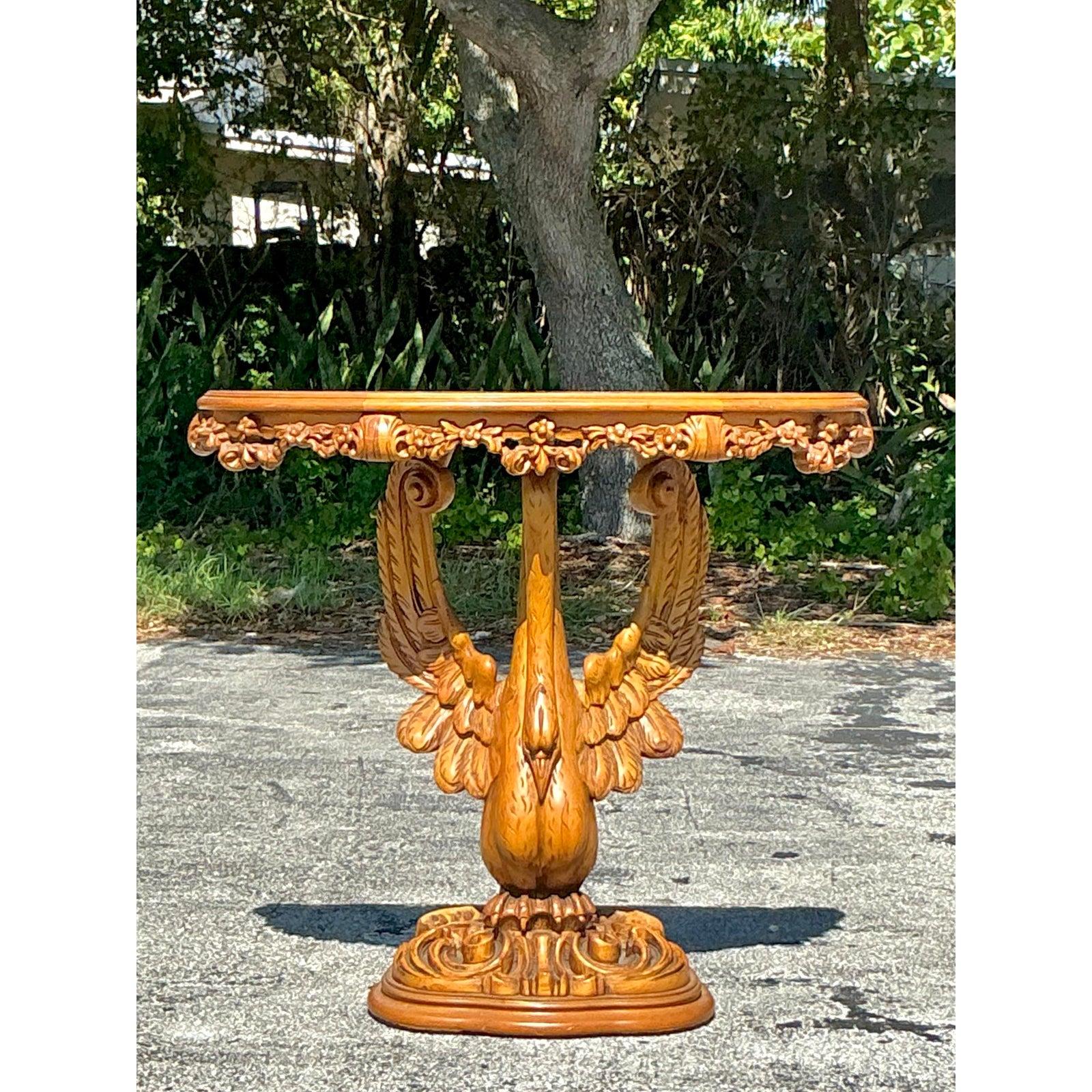 Wood Vintage Boho Hand Carved Swan Demilune Table For Sale