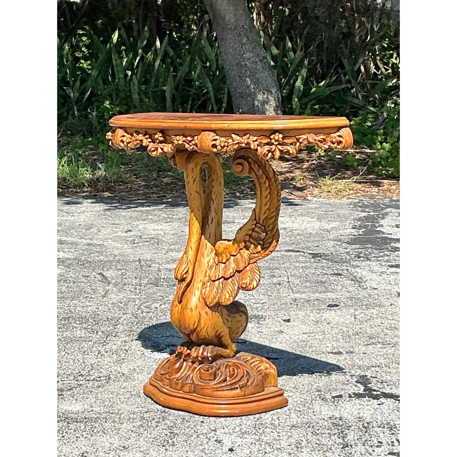 Vintage Boho Hand Carved Swan Demilune Table For Sale 1
