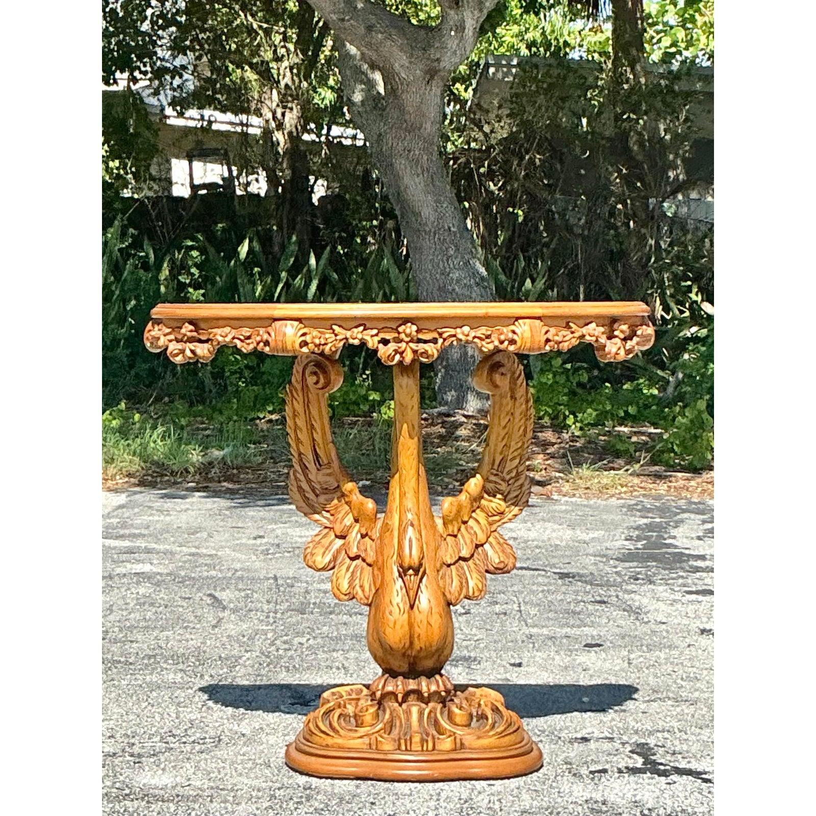 Vintage Boho Hand Carved Swan Demilune Table For Sale 2