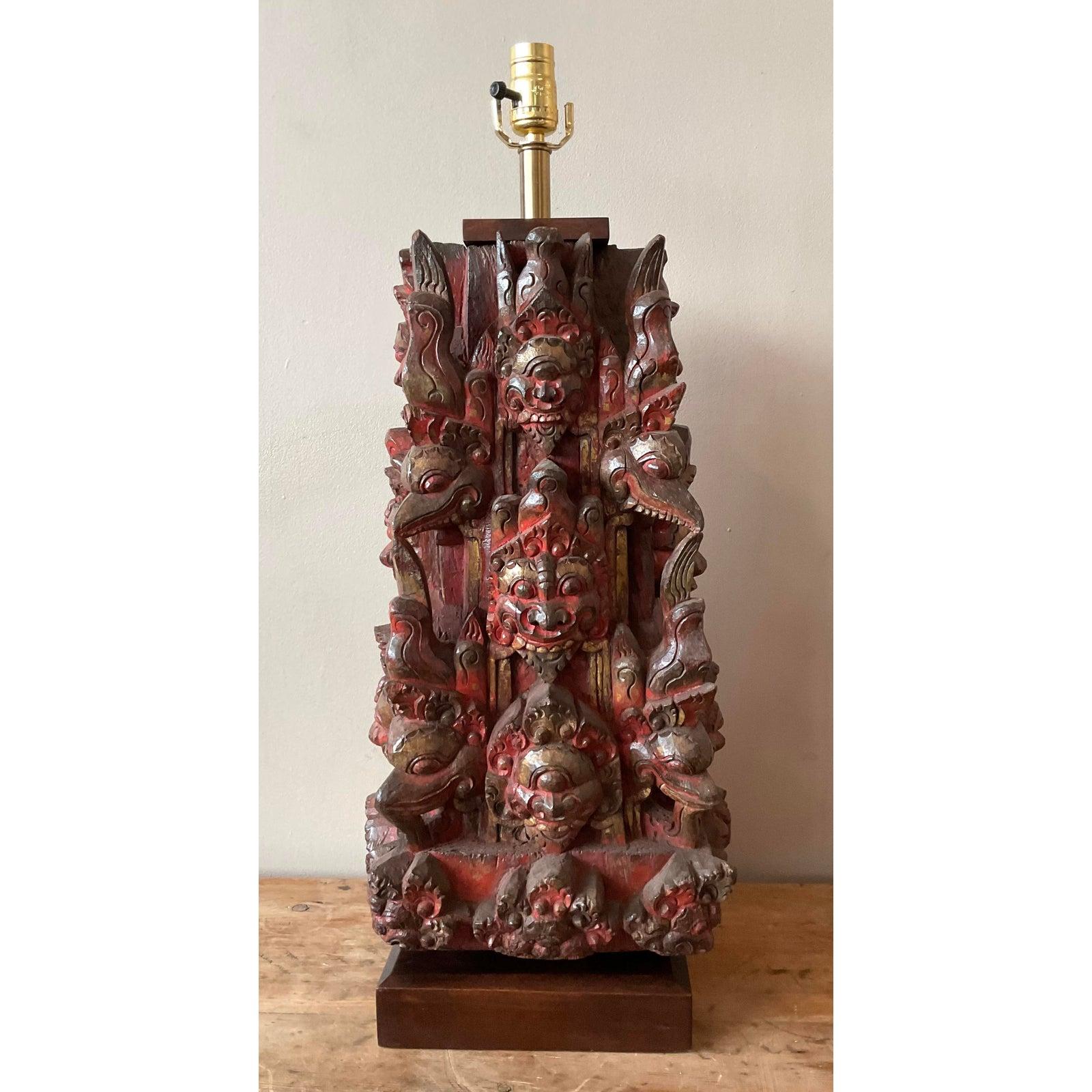 Folk Art Vintage Boho Hand Carved Temple Mask Lamp For Sale