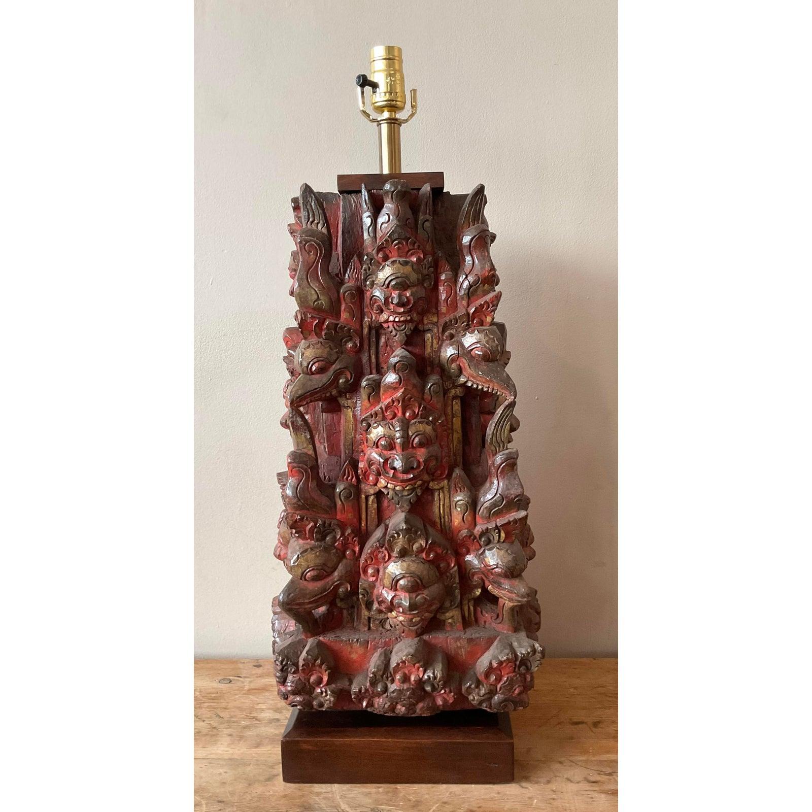 Vintage Boho Hand Carved Temple Mask Lamp In Good Condition For Sale In West Palm Beach, FL