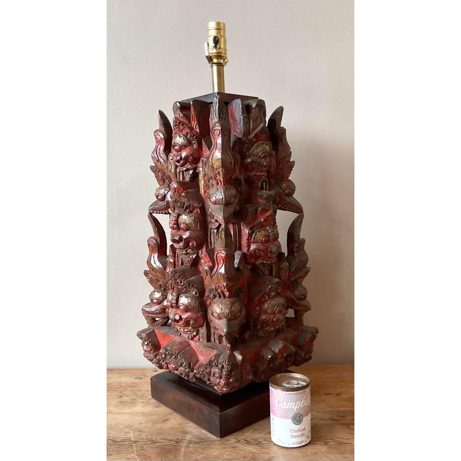 20th Century Vintage Boho Hand Carved Temple Mask Lamp For Sale