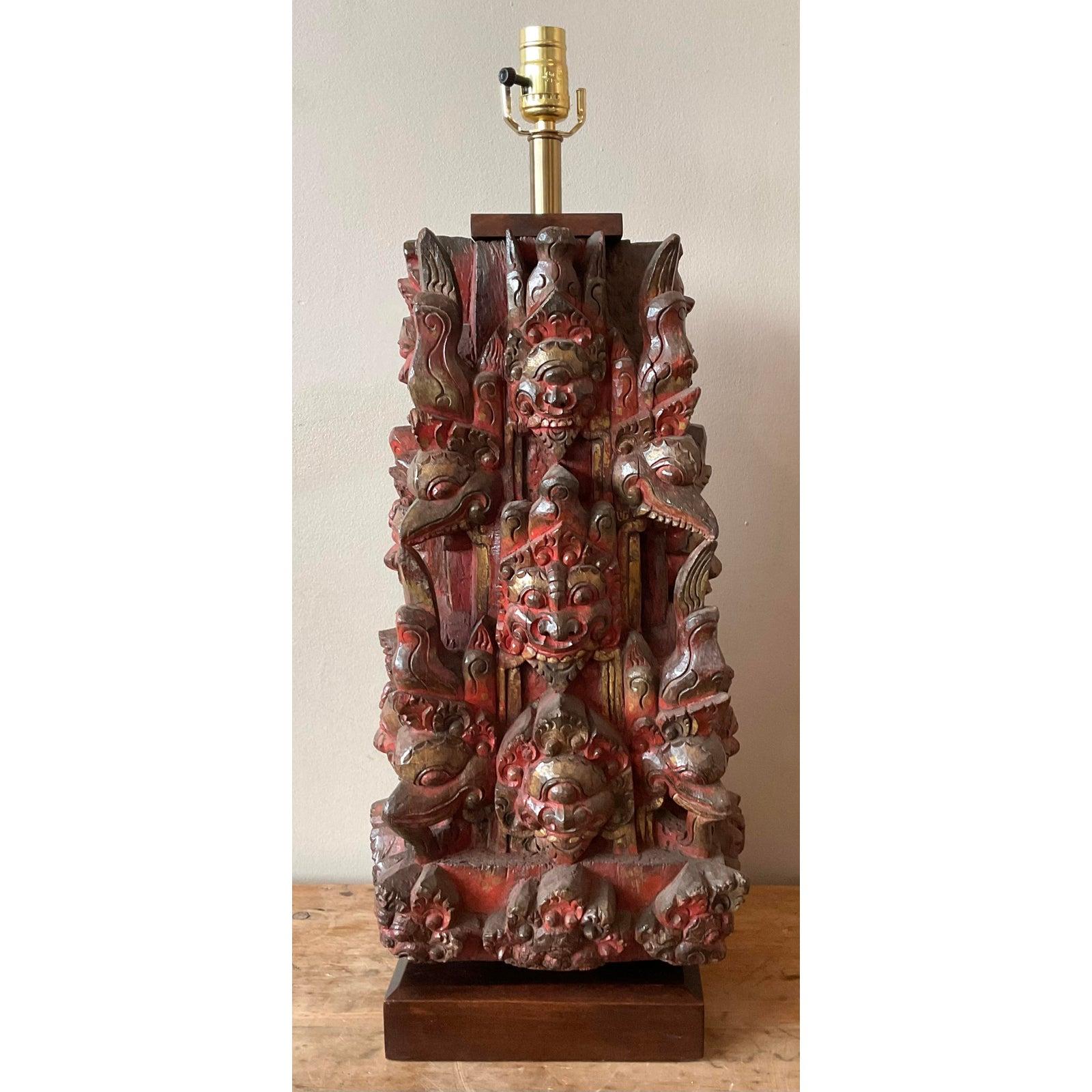 Brass Vintage Boho Hand Carved Temple Mask Lamp For Sale