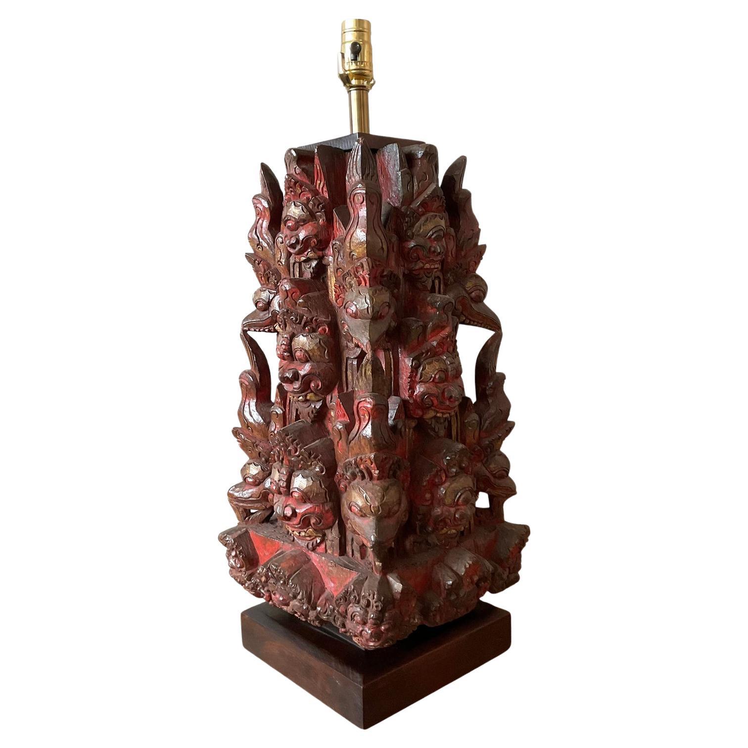 Vintage Boho Hand Carved Temple Mask Lamp For Sale