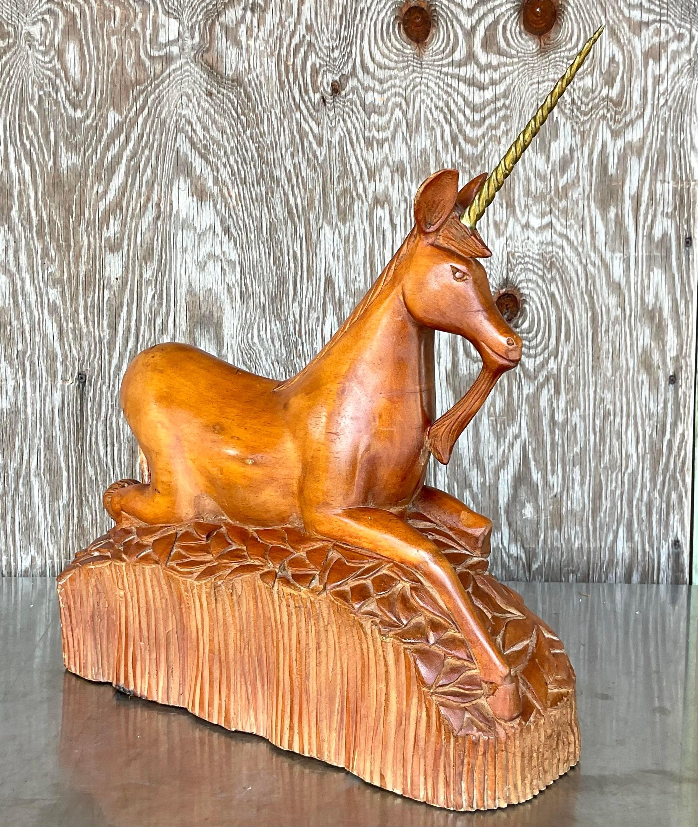 American Vintage Boho Hand Carved Wood and Brass Unicorn For Sale