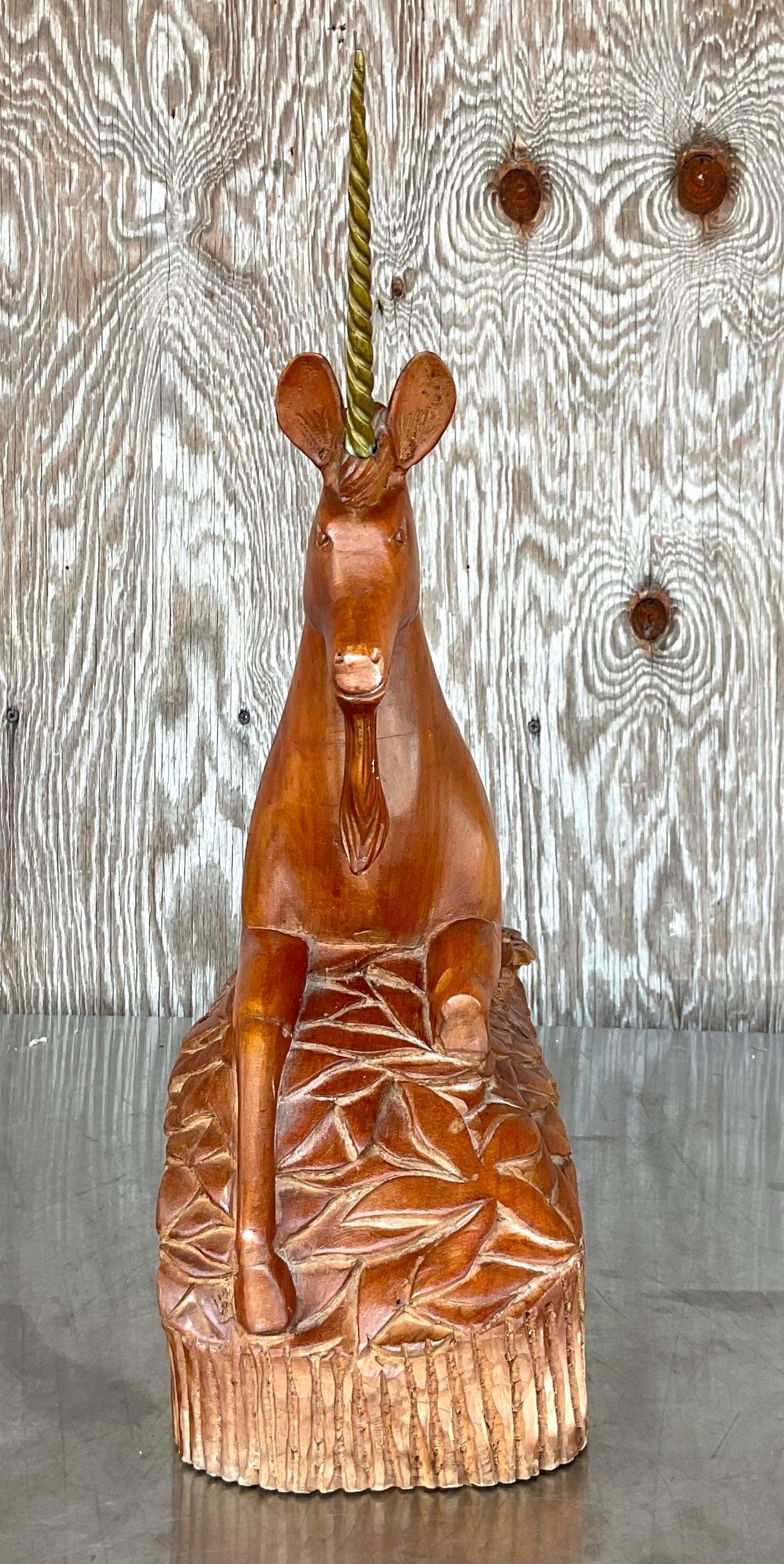 Vintage Boho Hand Carved Wood and Brass Unicorn In Good Condition For Sale In West Palm Beach, FL