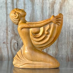 Vintage Boho Hand Carved Wooden Lady With Nautilus