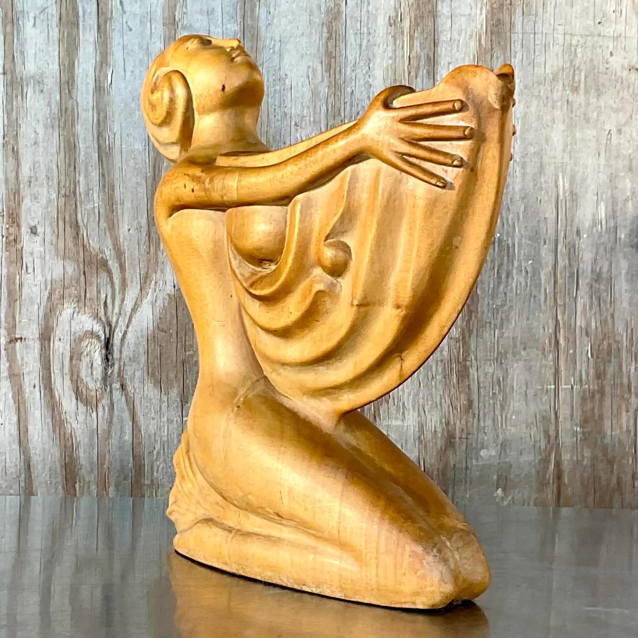 Bohemian Vintage Boho Hand Carved Wooden Lady With Nautilus For Sale