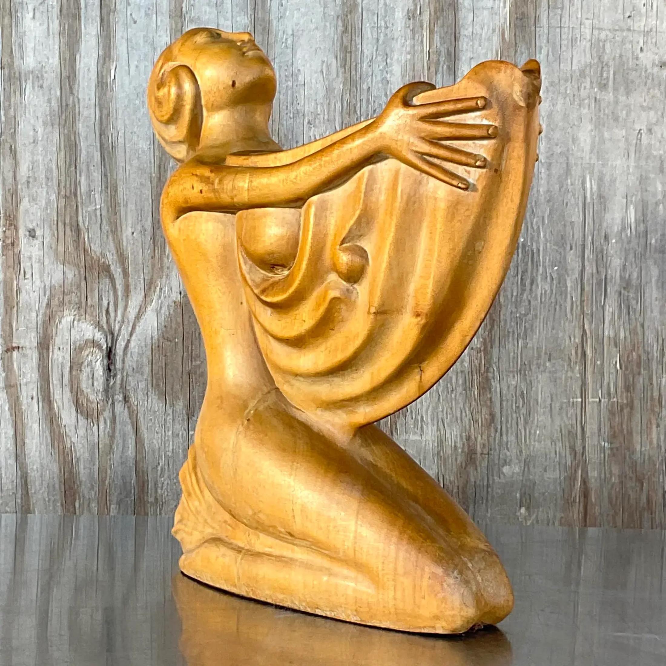 20th Century Vintage Boho Hand Carved Wooden Lady With Nautilus For Sale