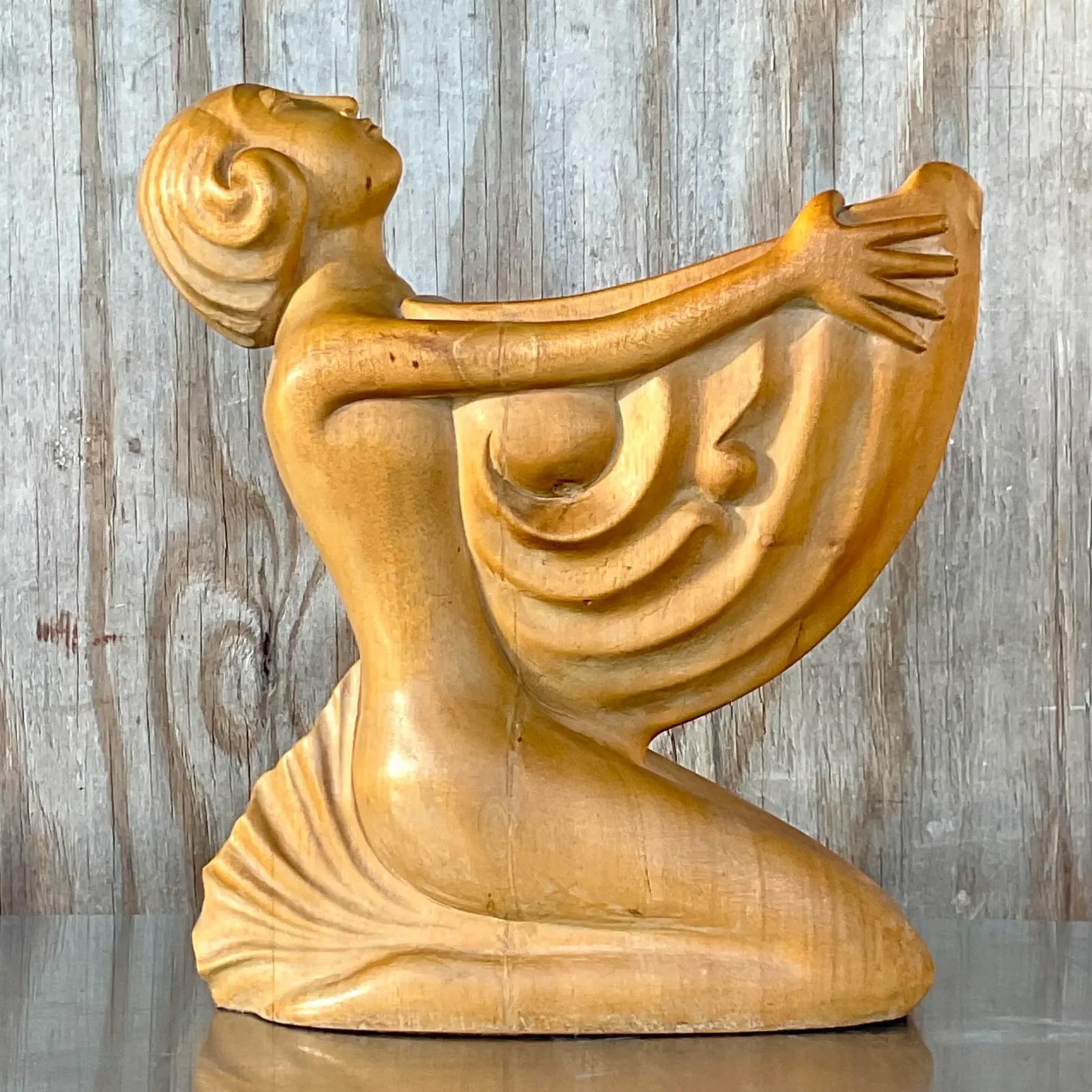 Shell Vintage Boho Hand Carved Wooden Lady With Nautilus For Sale