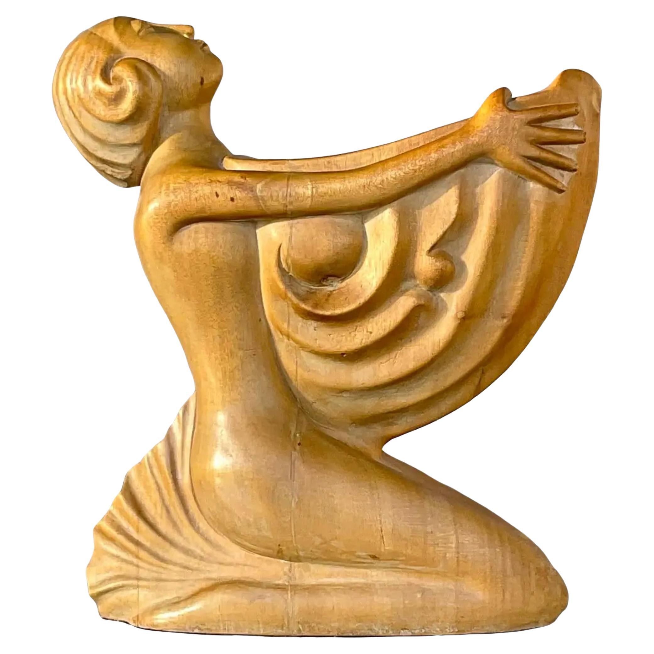 Vintage Boho Hand Carved Wooden Lady With Nautilus For Sale