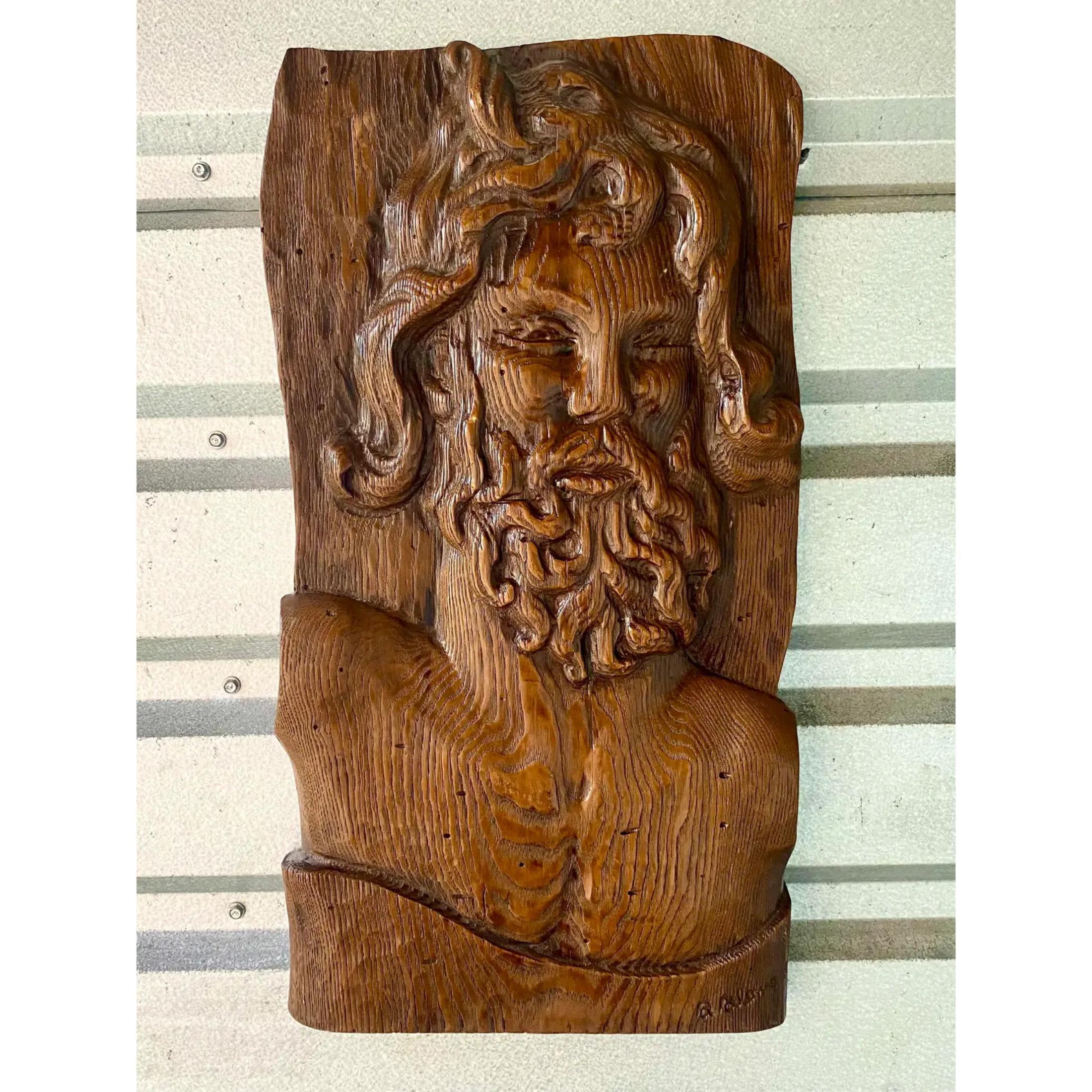 Vintage Boho Hand Carved Wooden Slab of Bearded Man For Sale 5