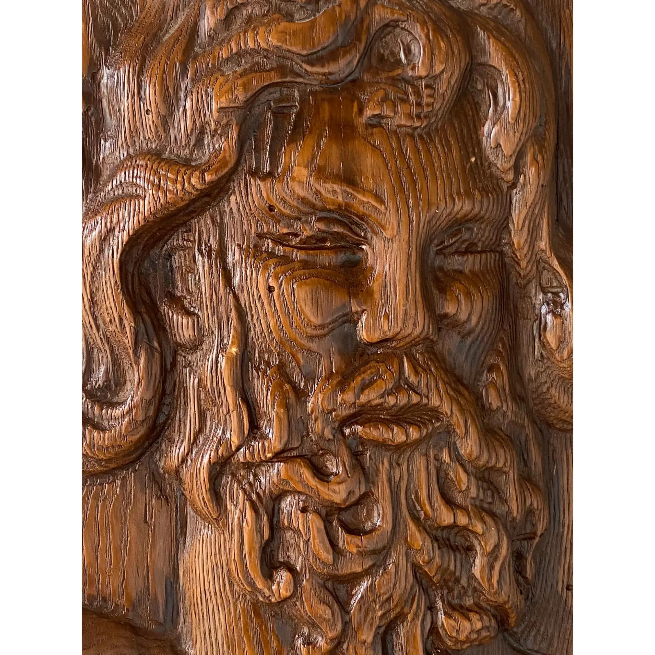 Outstanding vintage Boho hand carved wooden relief. A handsome composition of a bearded man. Signed on the bottom right. Acquired from a Palm Beach estate