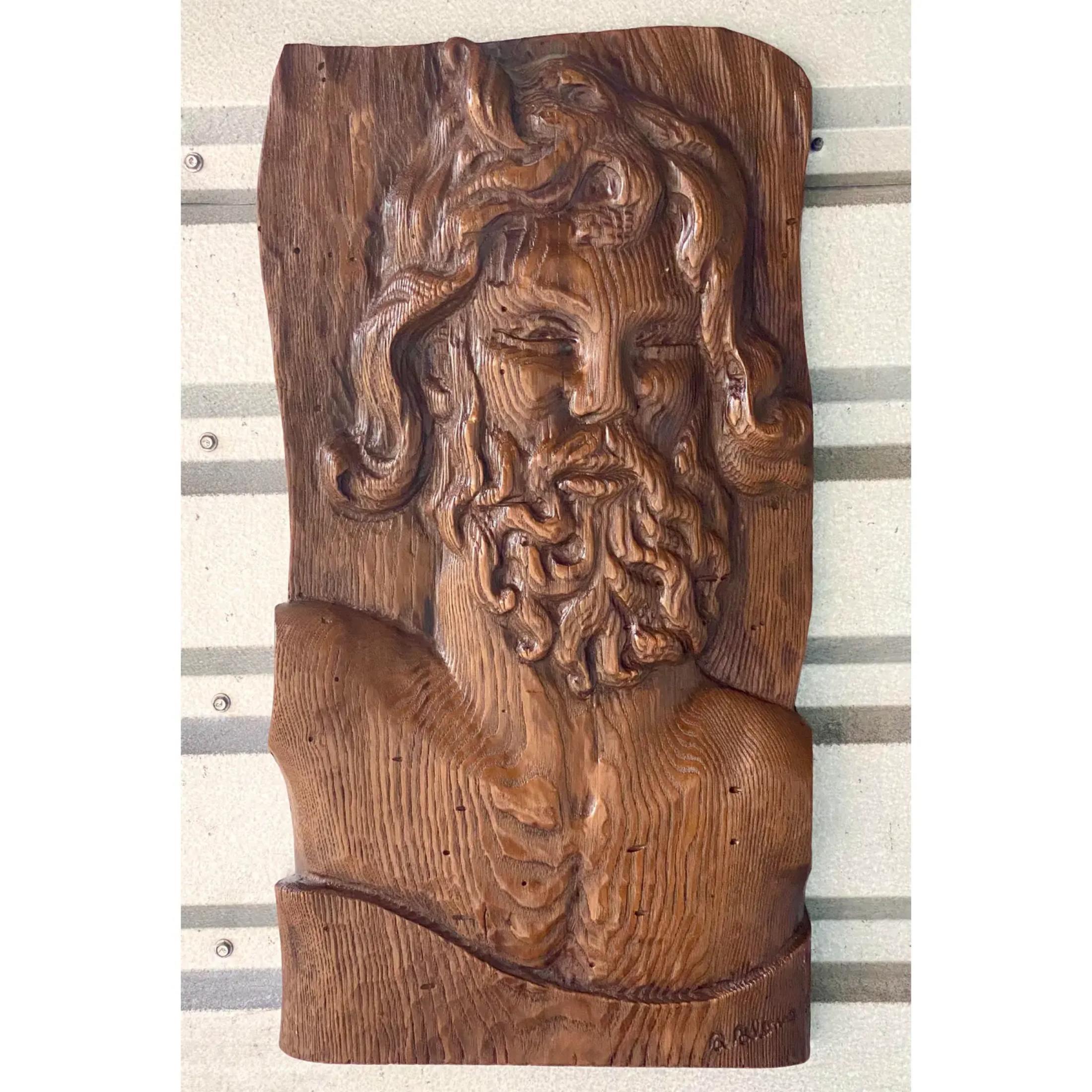 Bohemian Vintage Boho Hand Carved Wooden Slab of Bearded Man For Sale