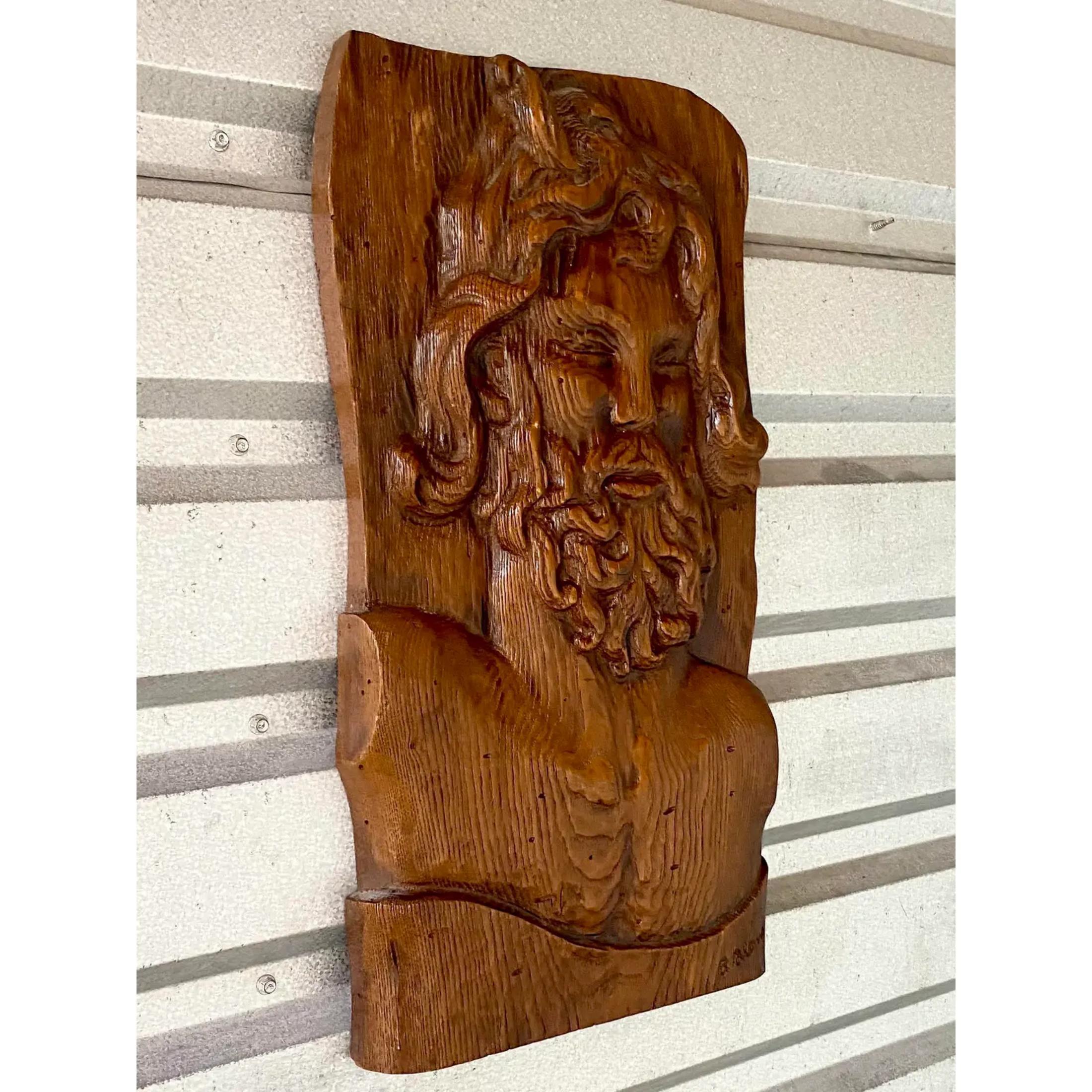 Vintage Boho Hand Carved Wooden Slab of Bearded Man In Good Condition For Sale In west palm beach, FL