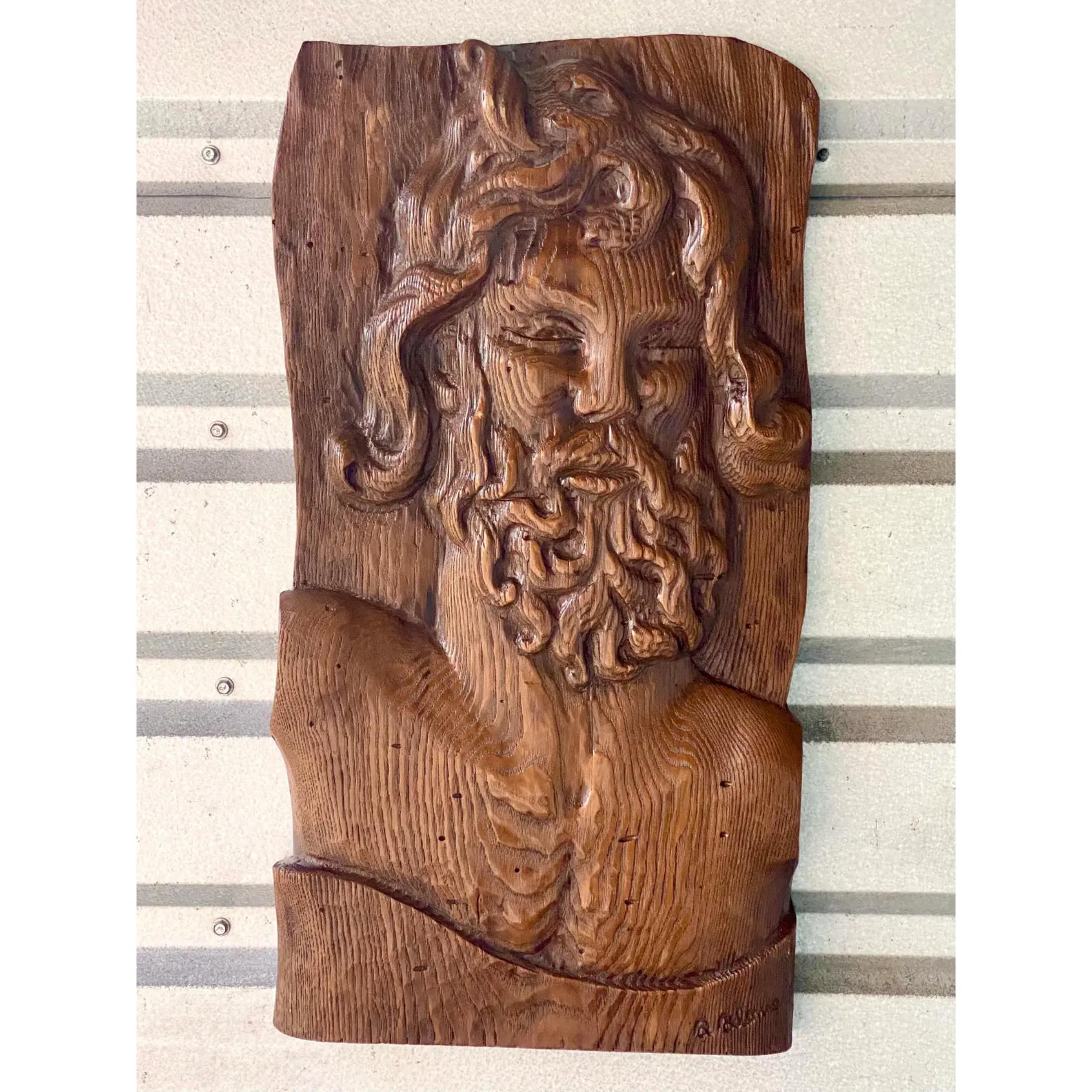 20th Century Vintage Boho Hand Carved Wooden Slab of Bearded Man For Sale