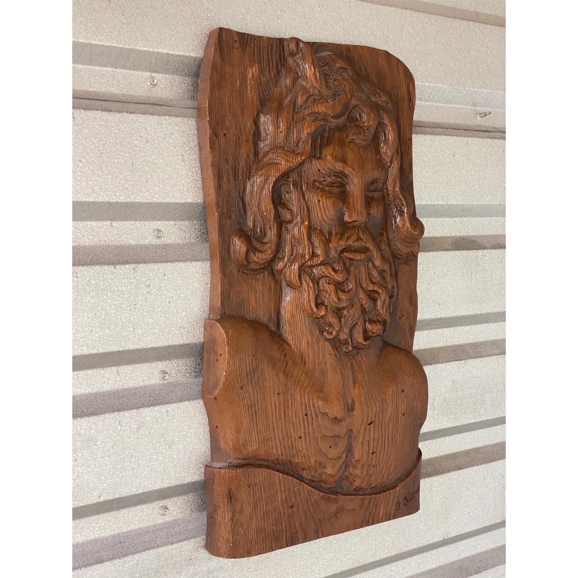 Vintage Boho Hand Carved Wooden Slab of Bearded Man For Sale 1