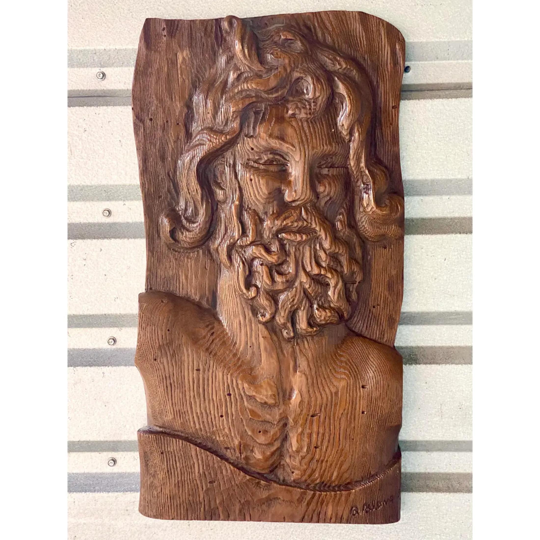 Vintage Boho Hand Carved Wooden Slab of Bearded Man For Sale 2