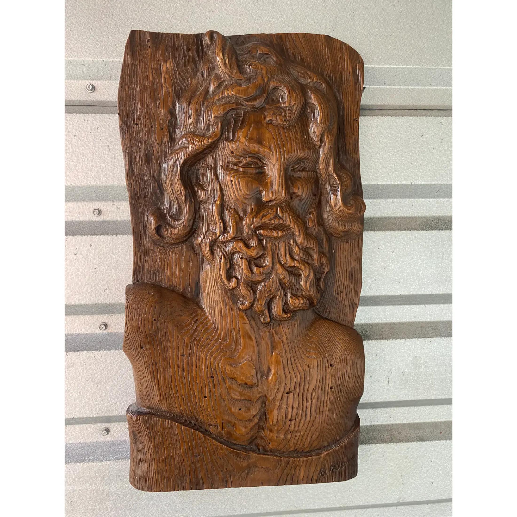 Vintage Boho Hand Carved Wooden Slab of Bearded Man For Sale 3