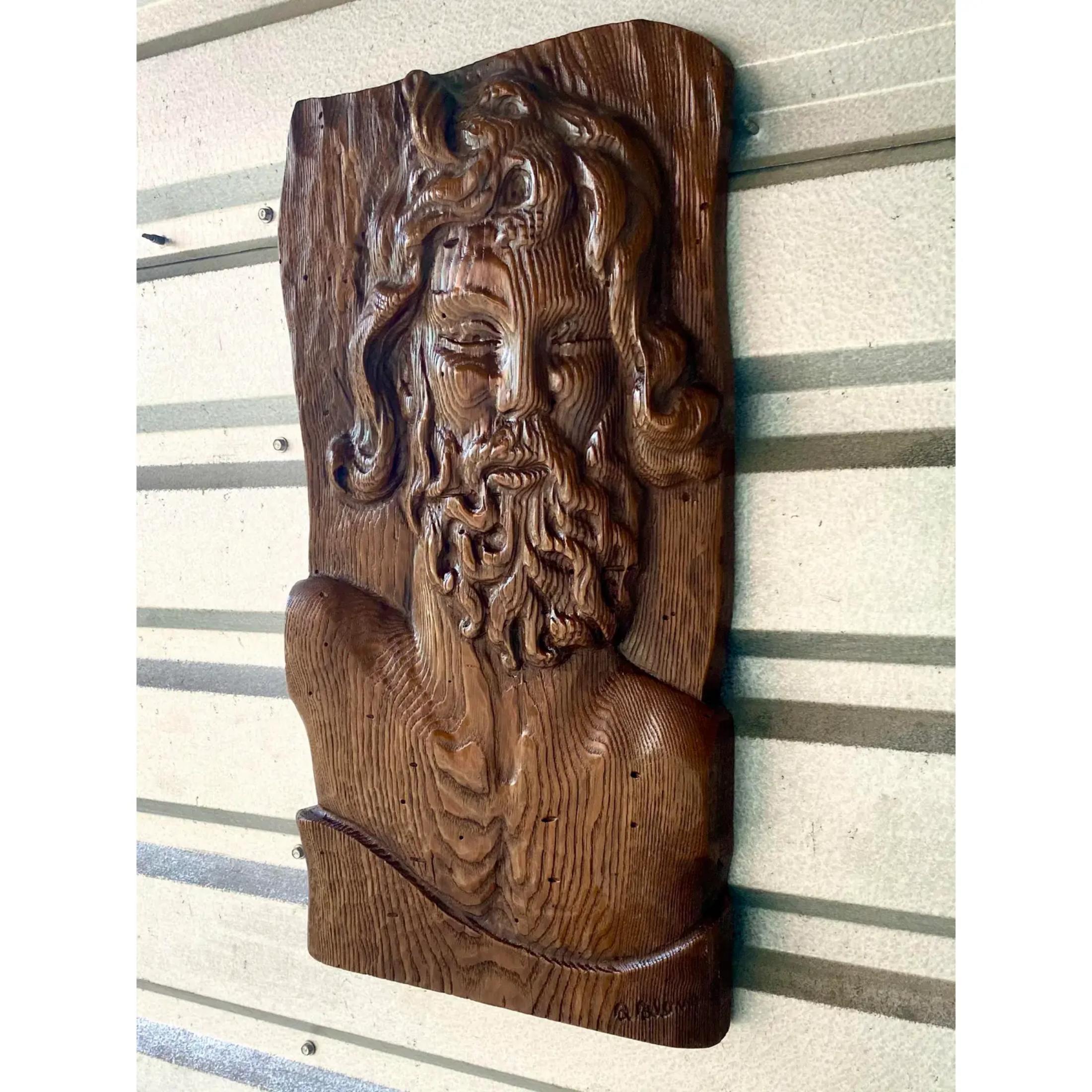 Vintage Boho Hand Carved Wooden Slab of Bearded Man For Sale 4