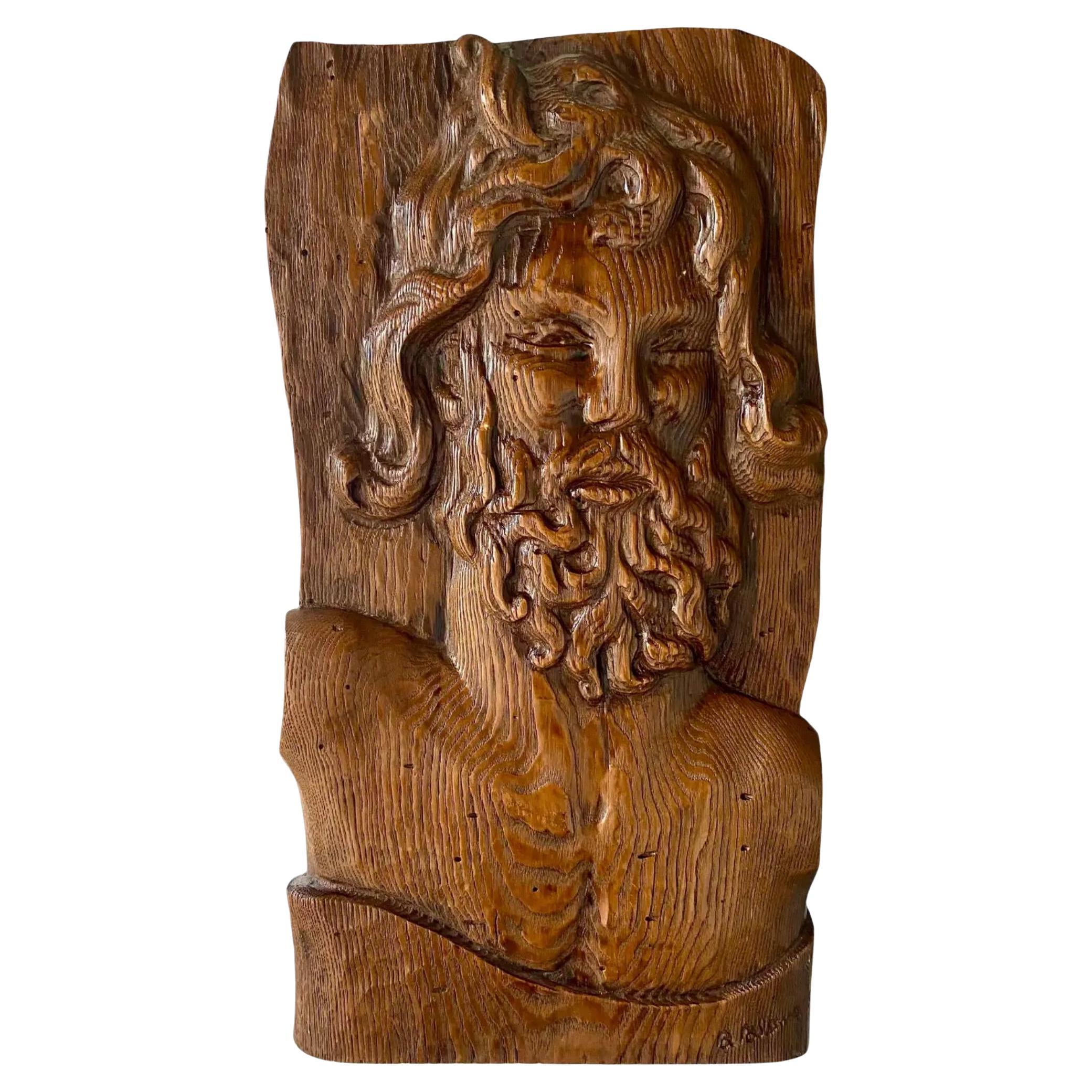 Vintage Boho Hand Carved Wooden Slab of Bearded Man For Sale
