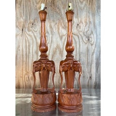 Vintage Boho Hand Carven Trio of Elephants Table Lamps - a Pair